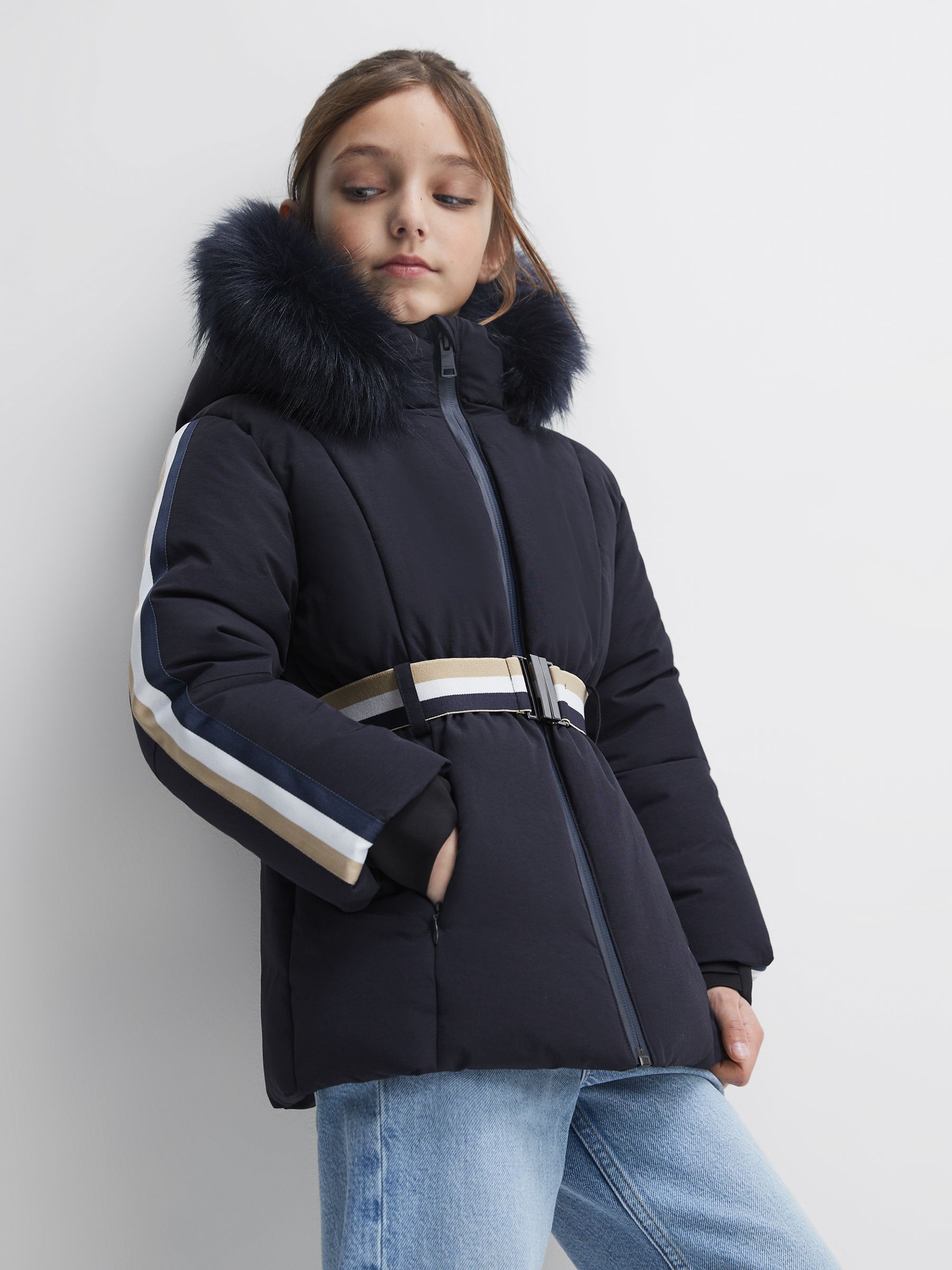 9-12 yrs Quilted Fur Hooded Coat in Navy - Image 6 of 7