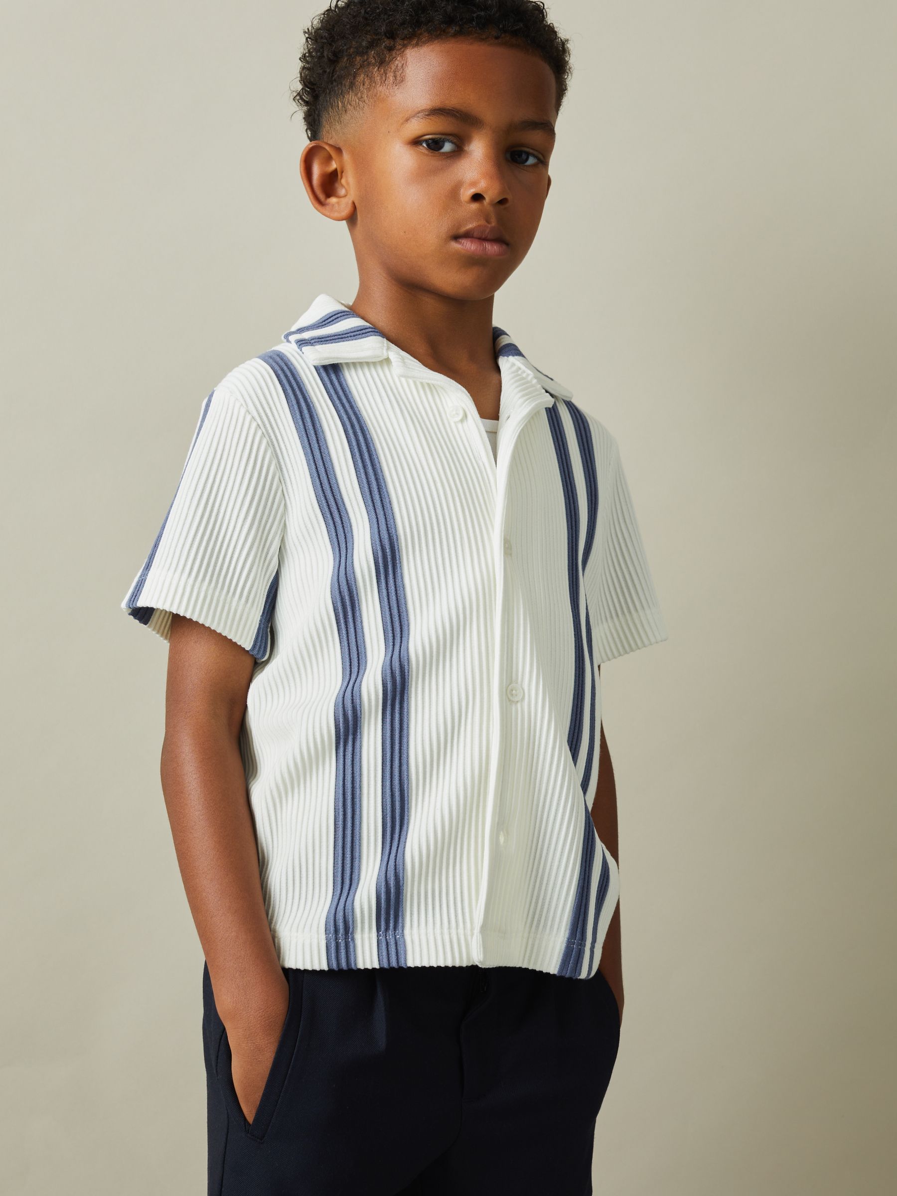 Ribbed Cuban Collar Shirt in White/Airforce Blue - Image 1 of 6