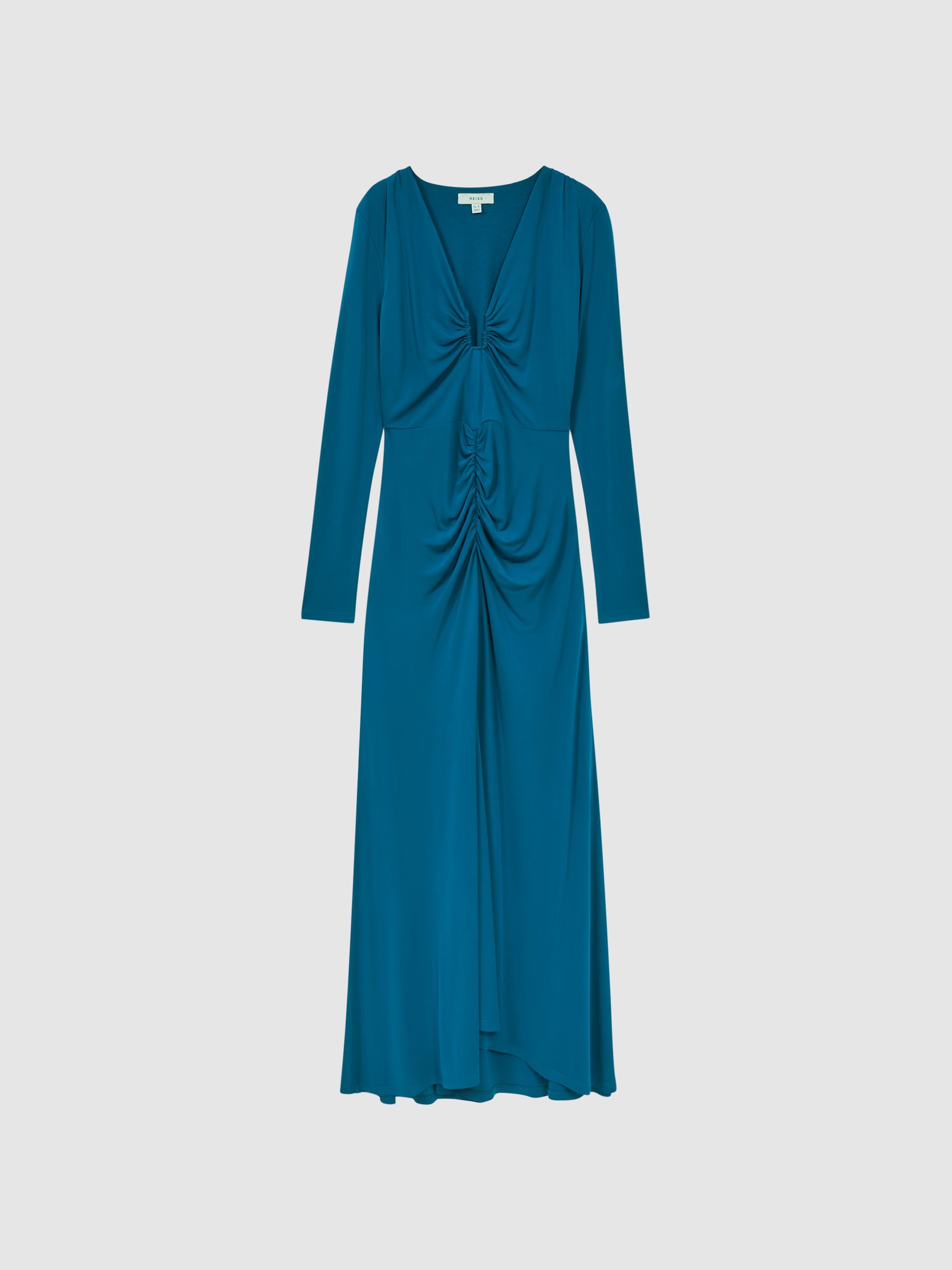Plunge Neck Ruche Midi Dress in Teal - Image 2 of 4