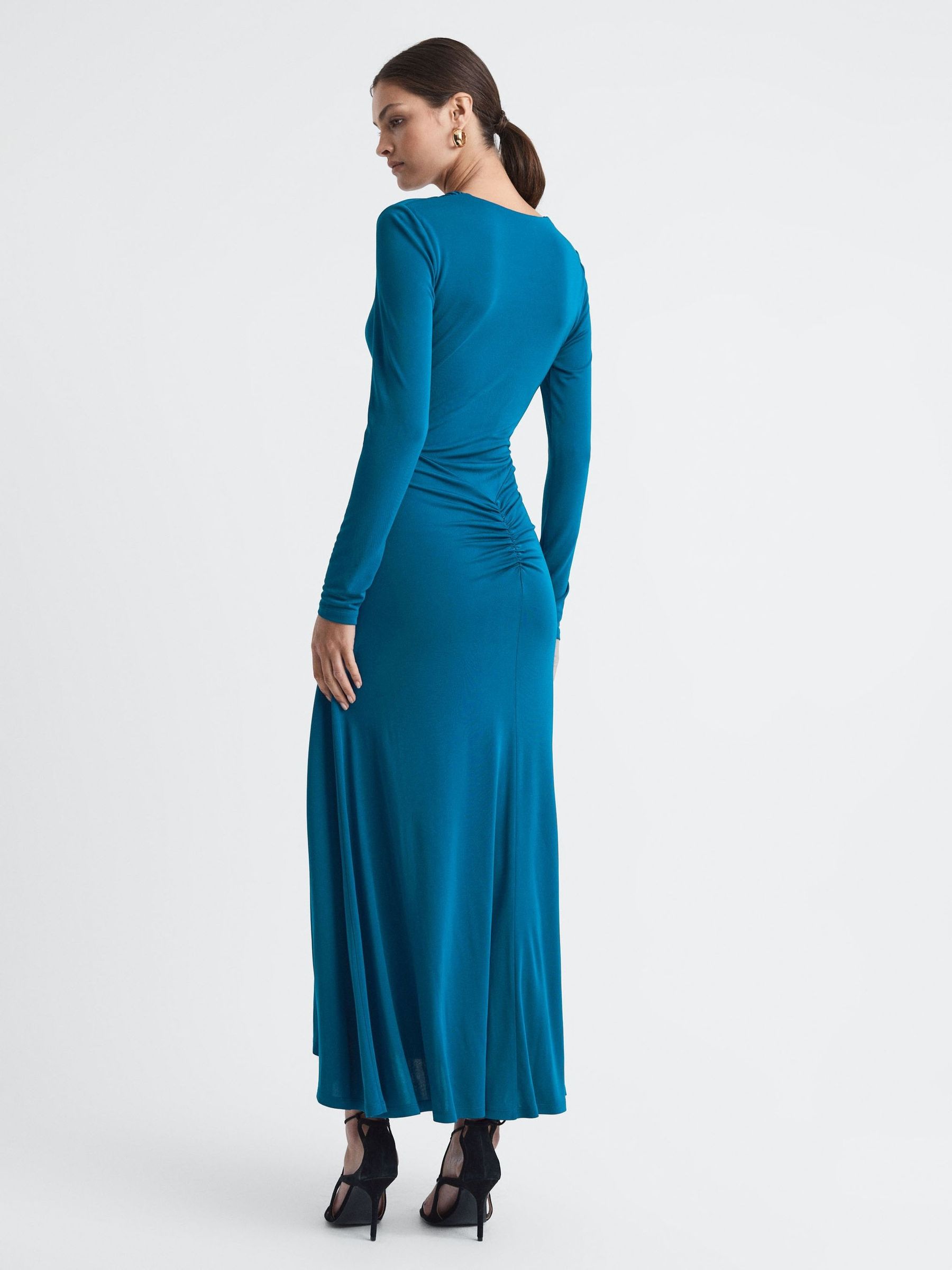 Plunge Neck Ruche Midi Dress in Teal - Image 4 of 4