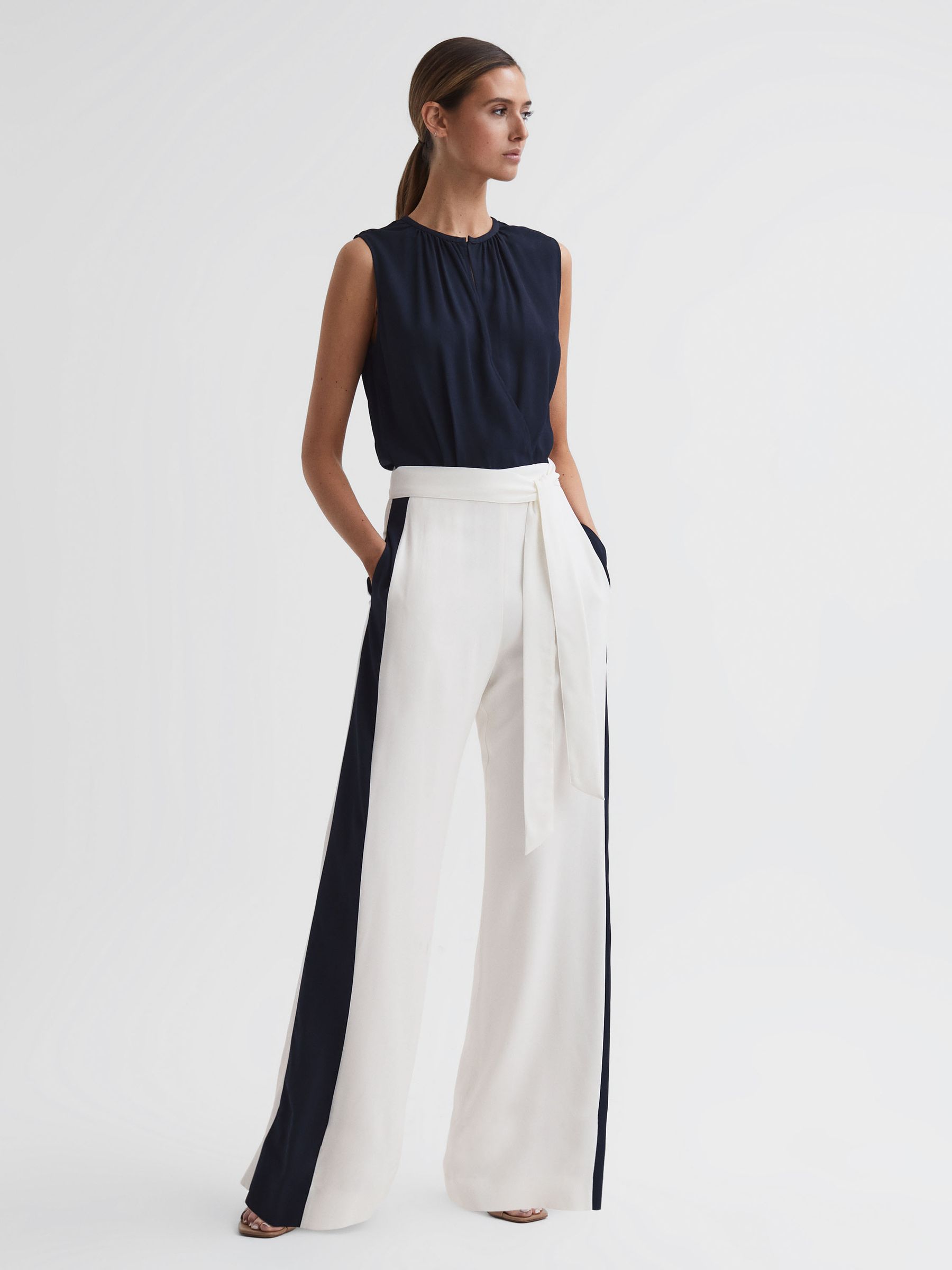 Wide Leg Side Stripe Jumpsuit in Navy/White - Image 1 of 6