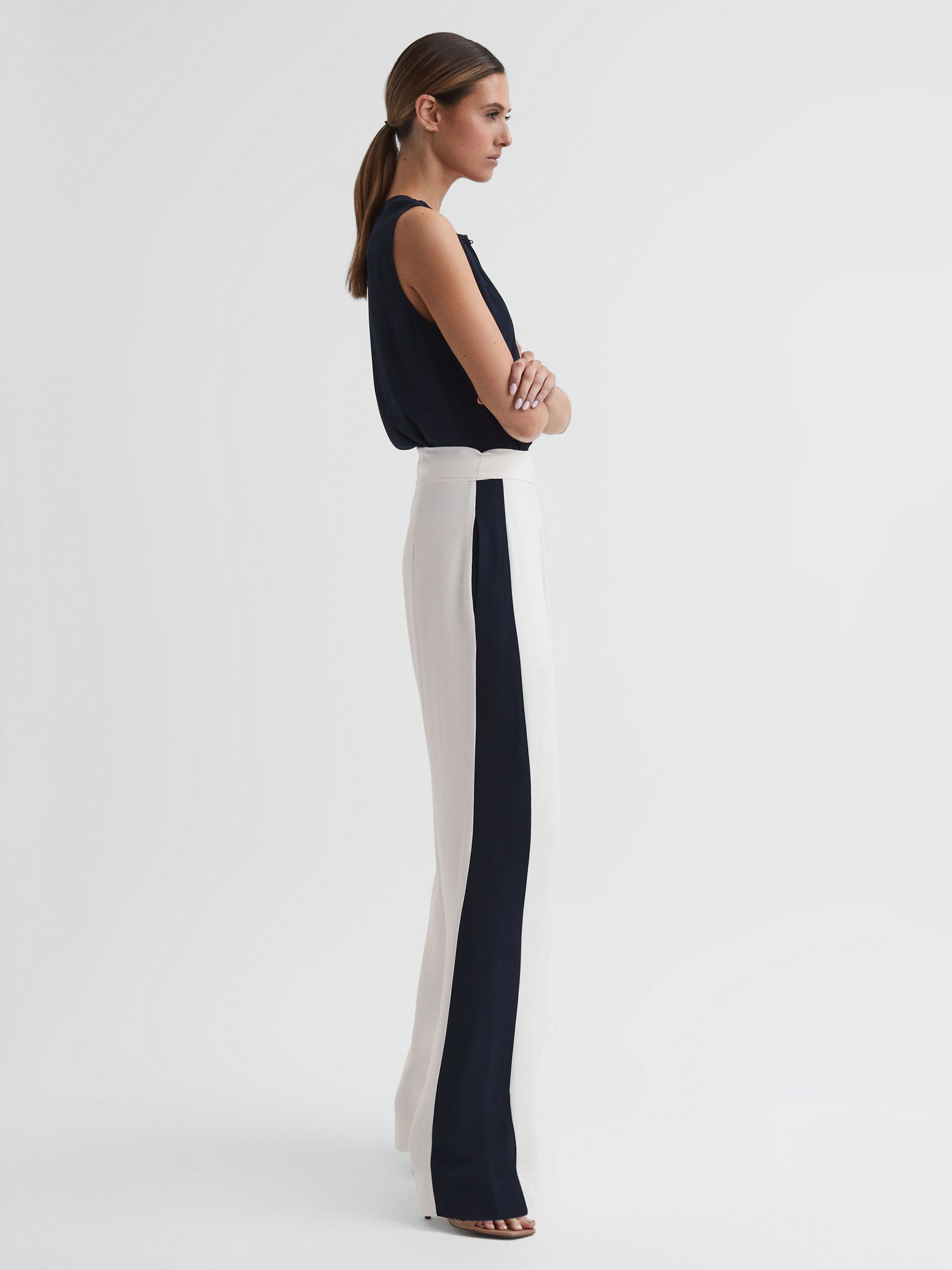 Wide Leg Side Stripe Jumpsuit in Navy/White - Image 3 of 6