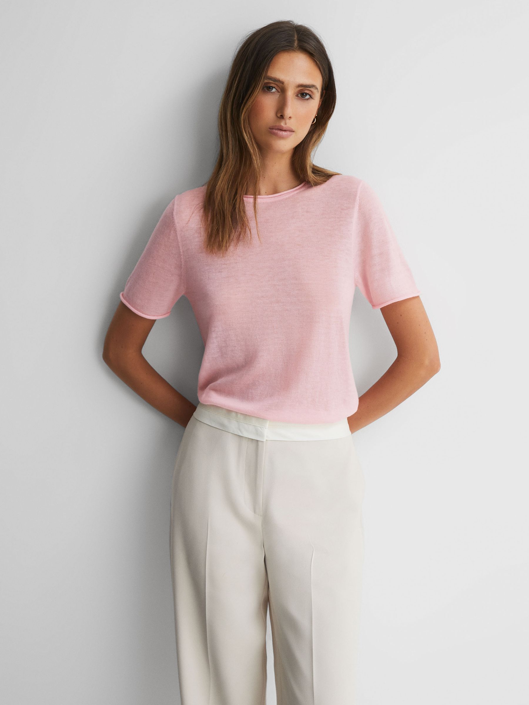 Knitted Crew Neck T-Shirt in Light Pink - Image 1 of 5