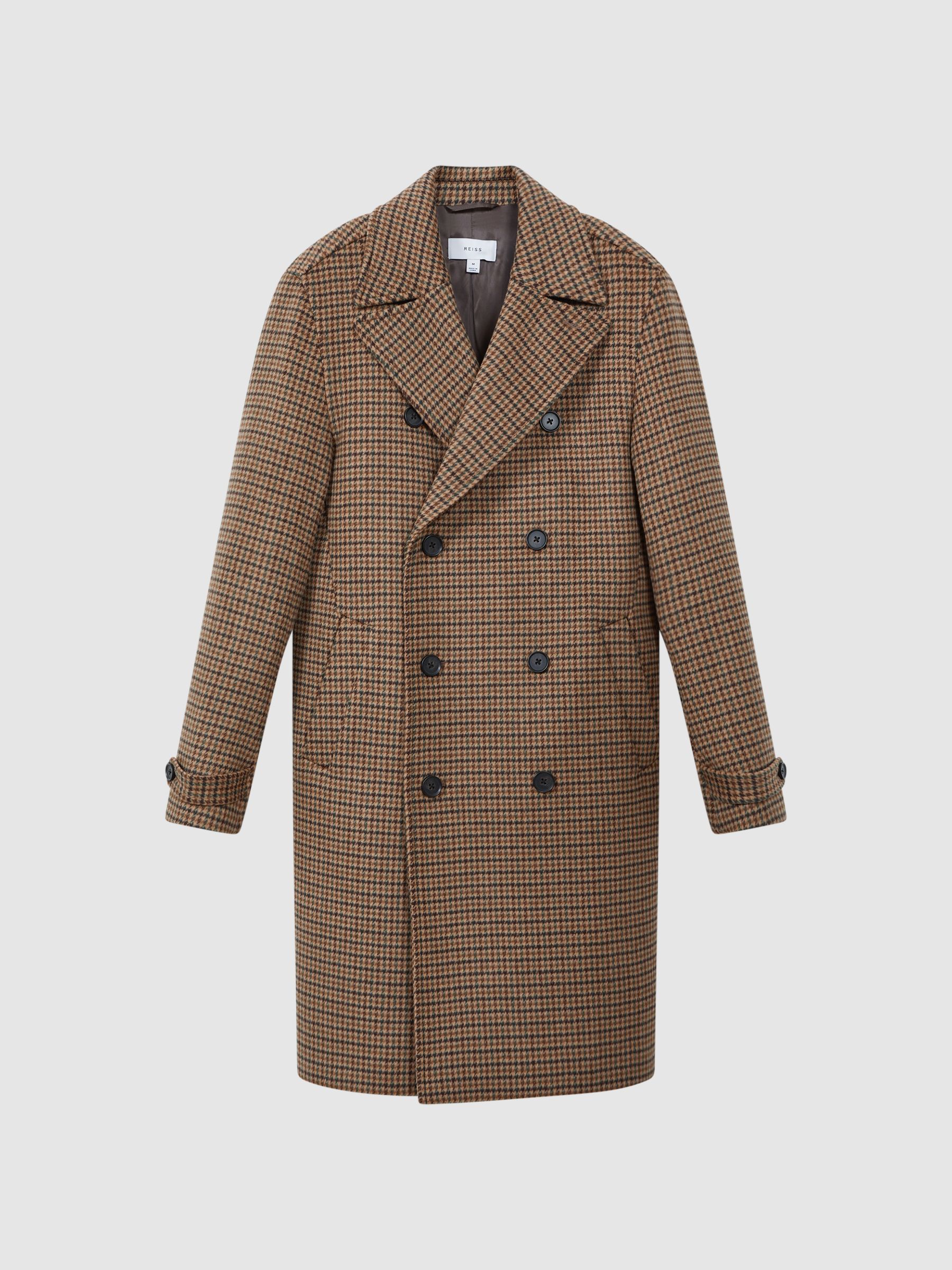 Modern Fit Wool Blend Double Breasted Dogtooth Coat in Camel - Image 2 of 6