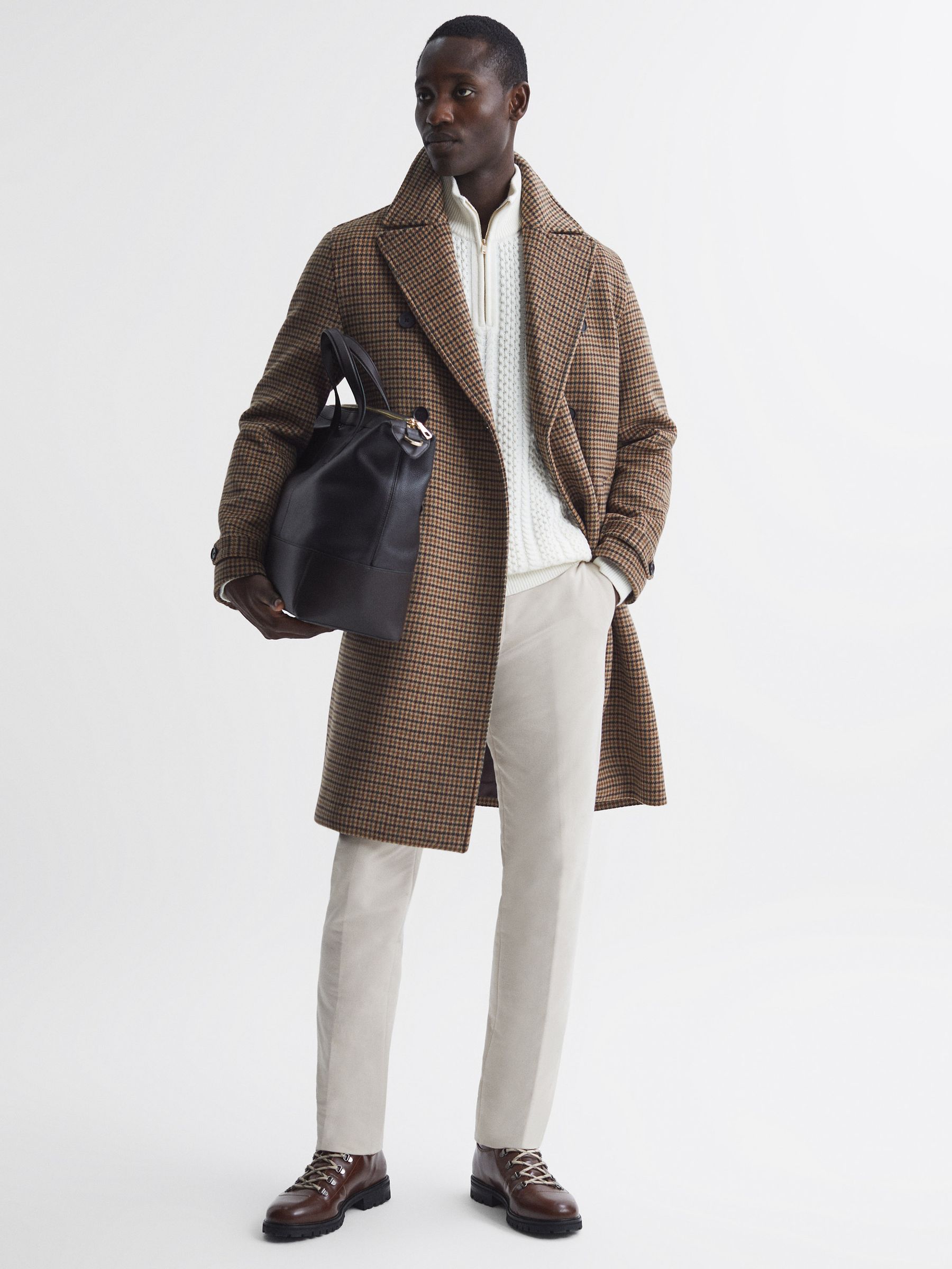 Modern Fit Wool Blend Double Breasted Dogtooth Coat in Camel - Image 3 of 6