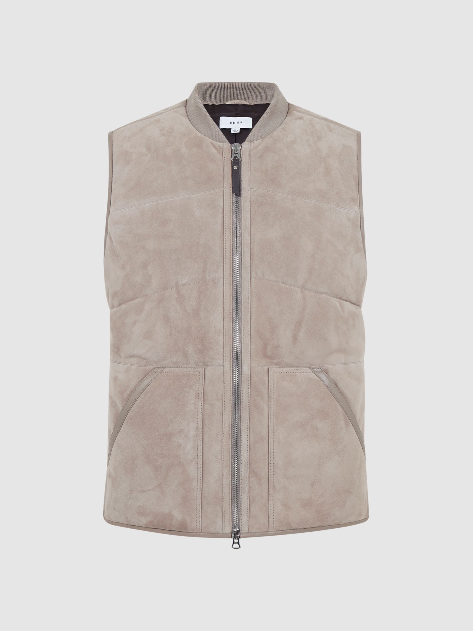 Suede Quilted Sleeveless Gilet in Taupe - Image 2 of 5