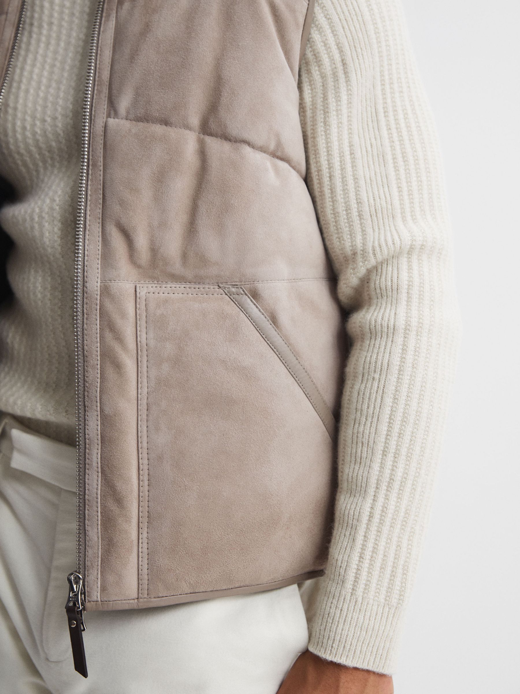 Suede Quilted Sleeveless Gilet in Taupe - Image 4 of 5