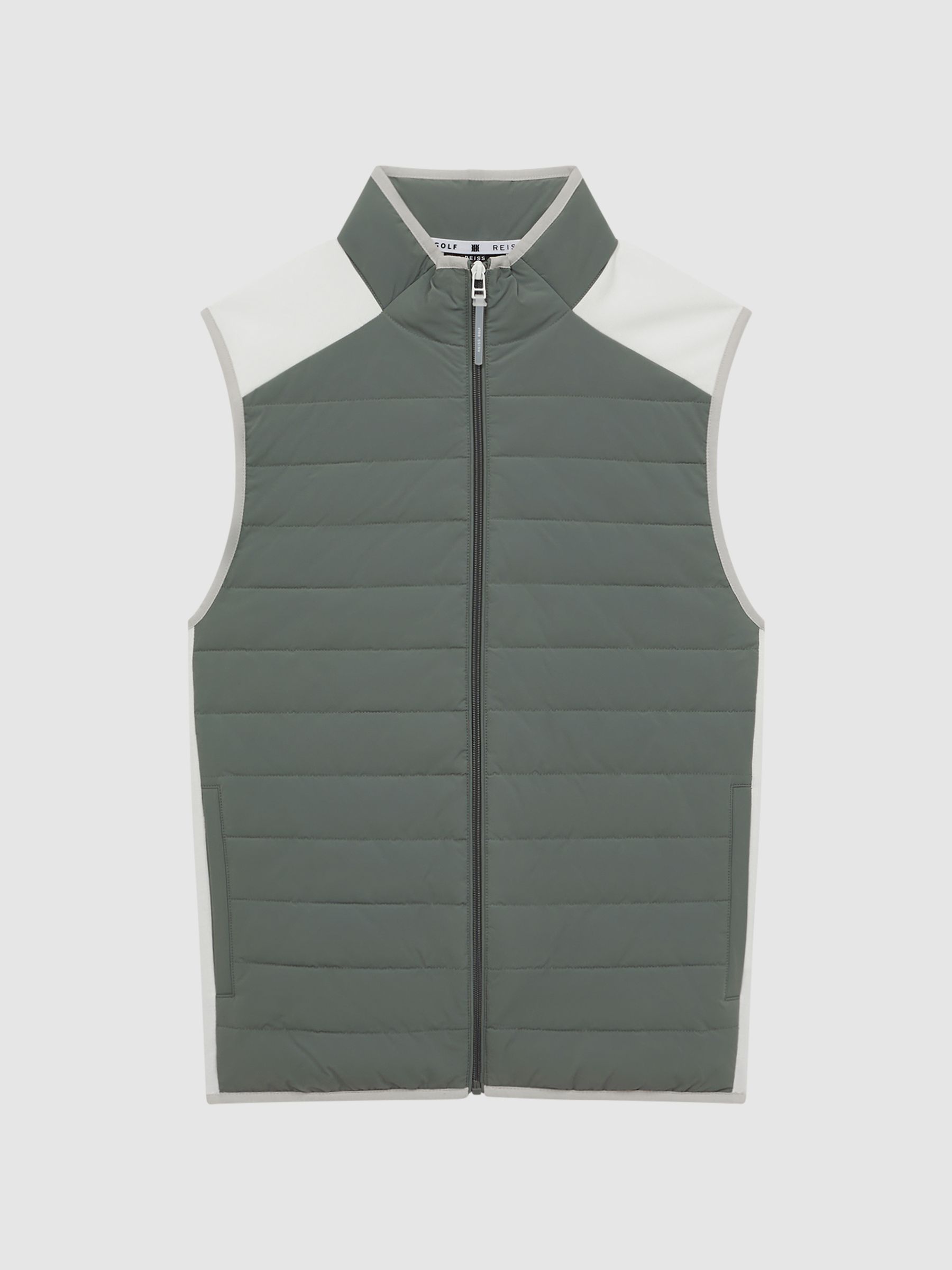 Funnel Neck Hybrid Quilted Gilet in Sage/White - Image 2 of 6