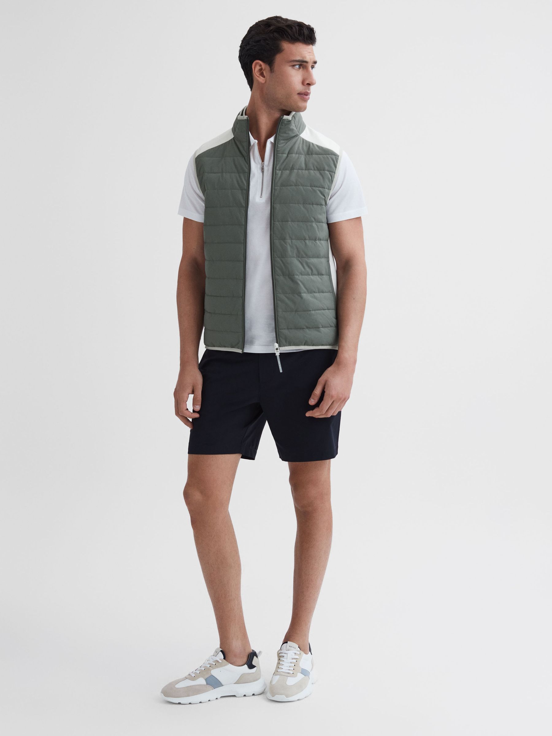 Funnel Neck Hybrid Quilted Gilet in Sage/White - Image 3 of 6