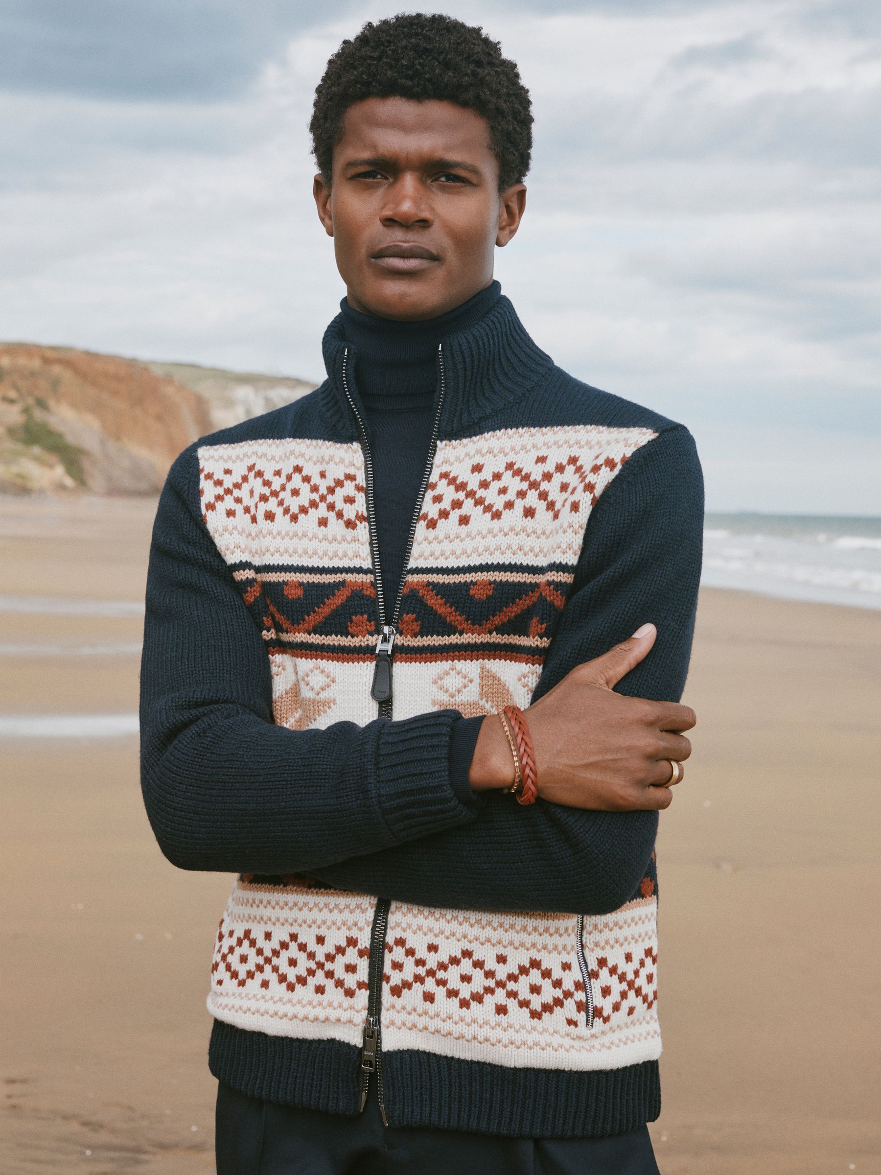 Fairisle Pattern Knitted Zip-Through Cardigan in Multi - Image 1 of 6