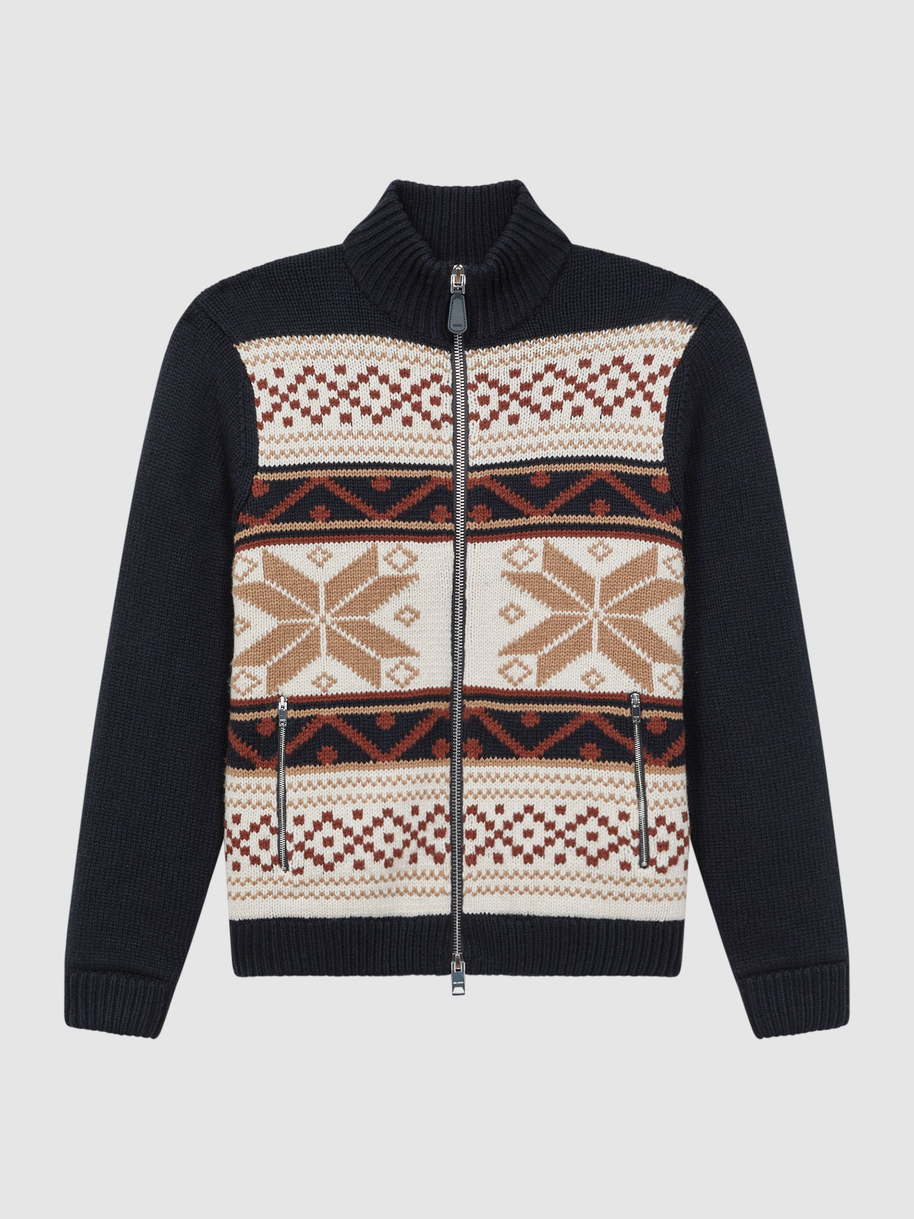 Fairisle Pattern Knitted Zip-Through Cardigan in Multi - Image 2 of 6