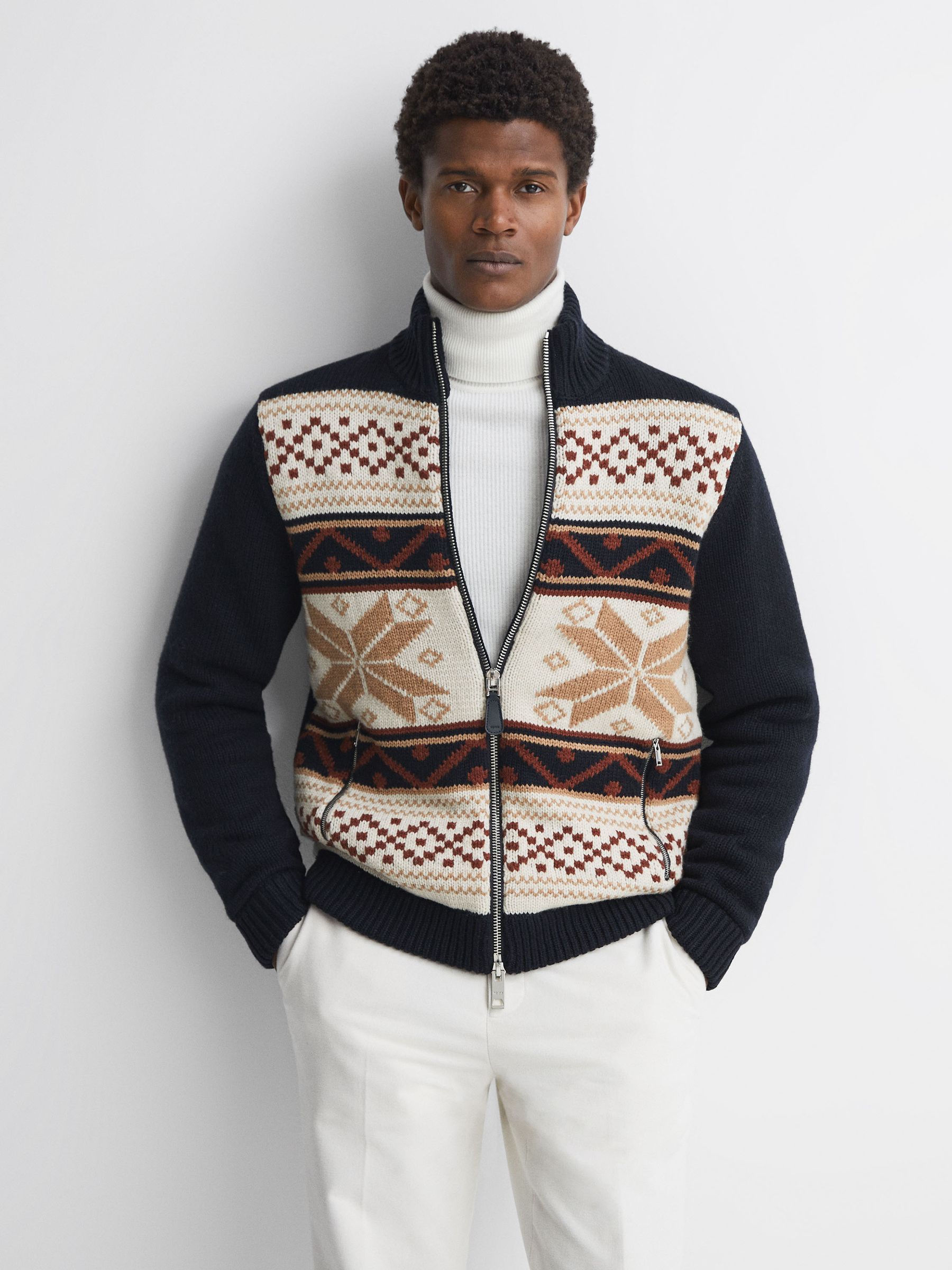 Fairisle Pattern Knitted Zip-Through Cardigan in Multi - Image 6 of 6
