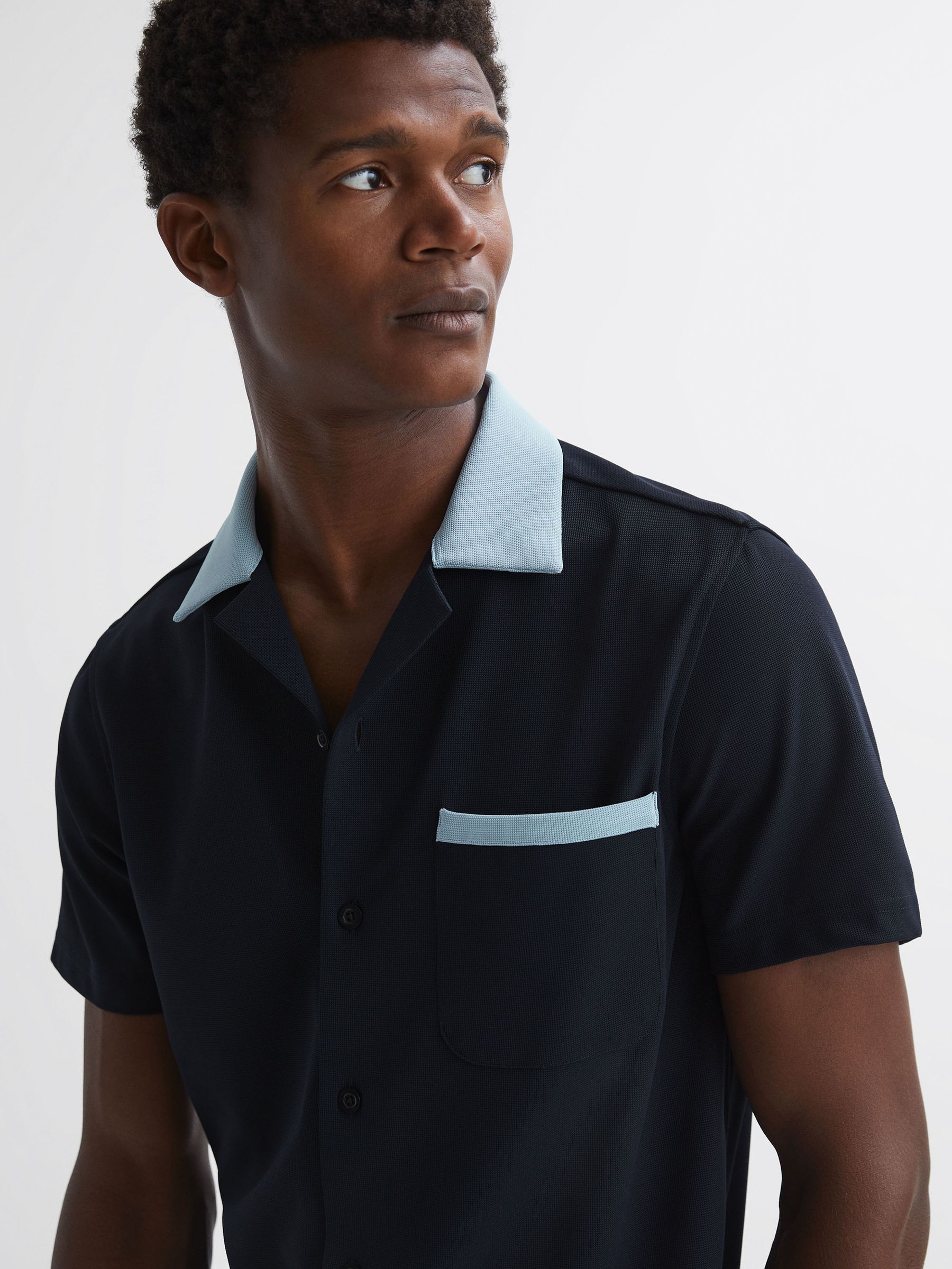 Cuban Collar Contrast Shirt in Navy/ Soft Blue - Image 1 of 4