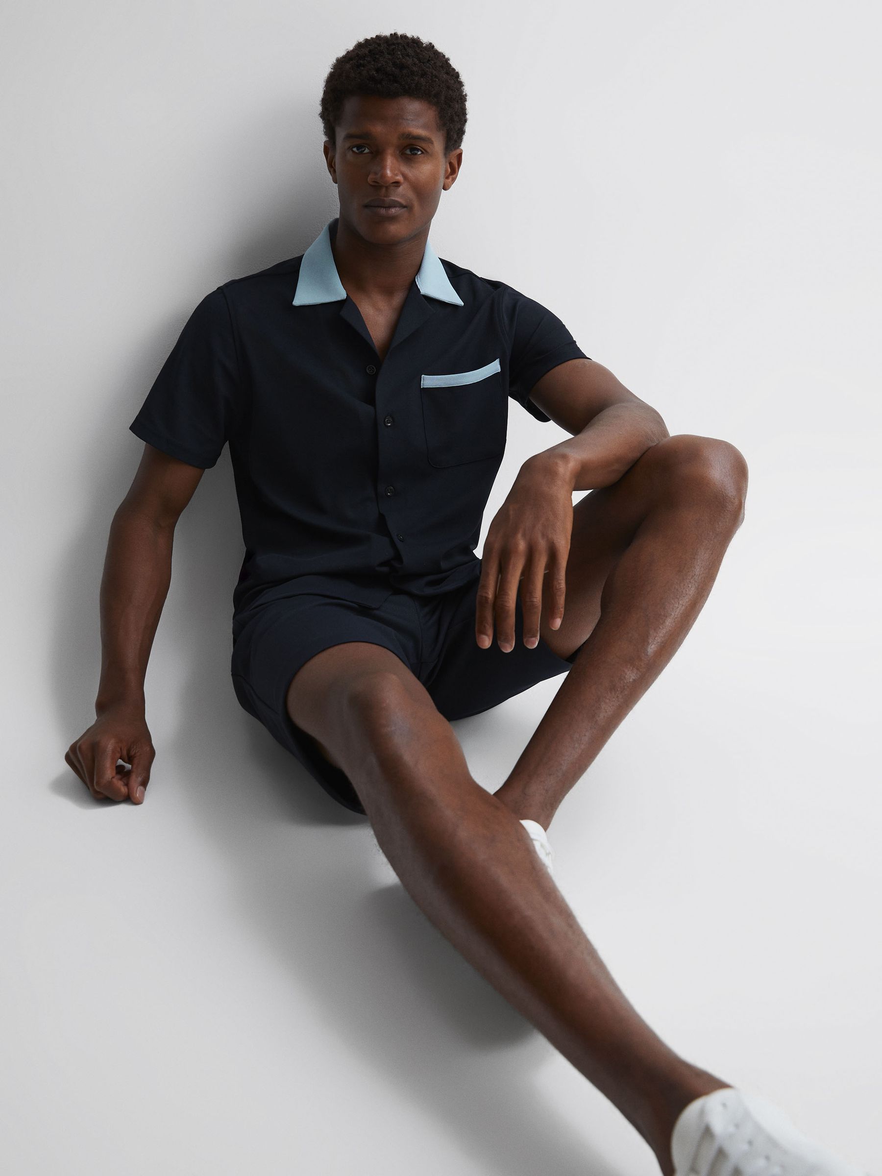 Cuban Collar Contrast Shirt in Navy/ Soft Blue - Image 3 of 4