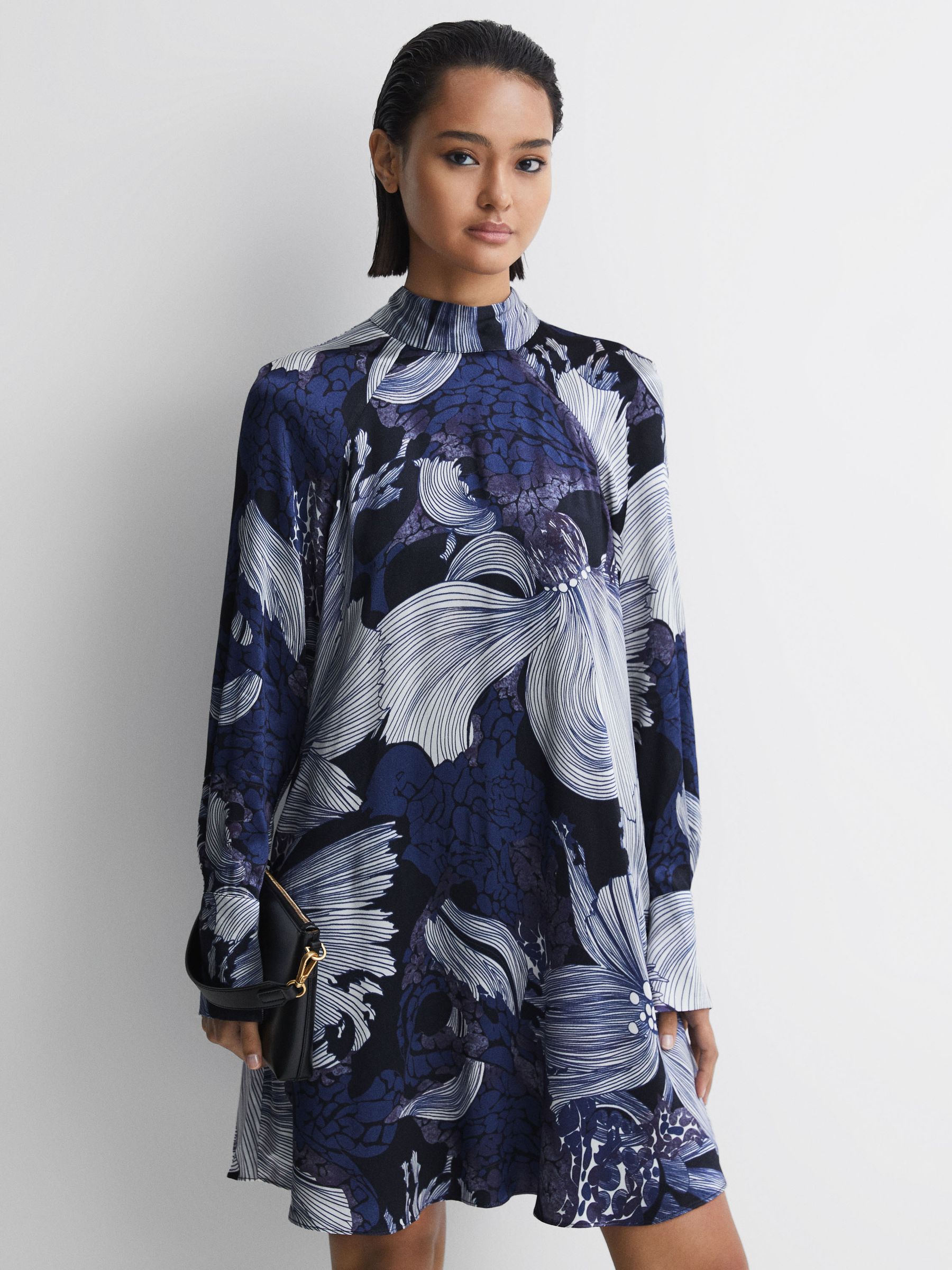 Relaxed Satin Printed Mini Dress in Blue/White - Image 1 of 7