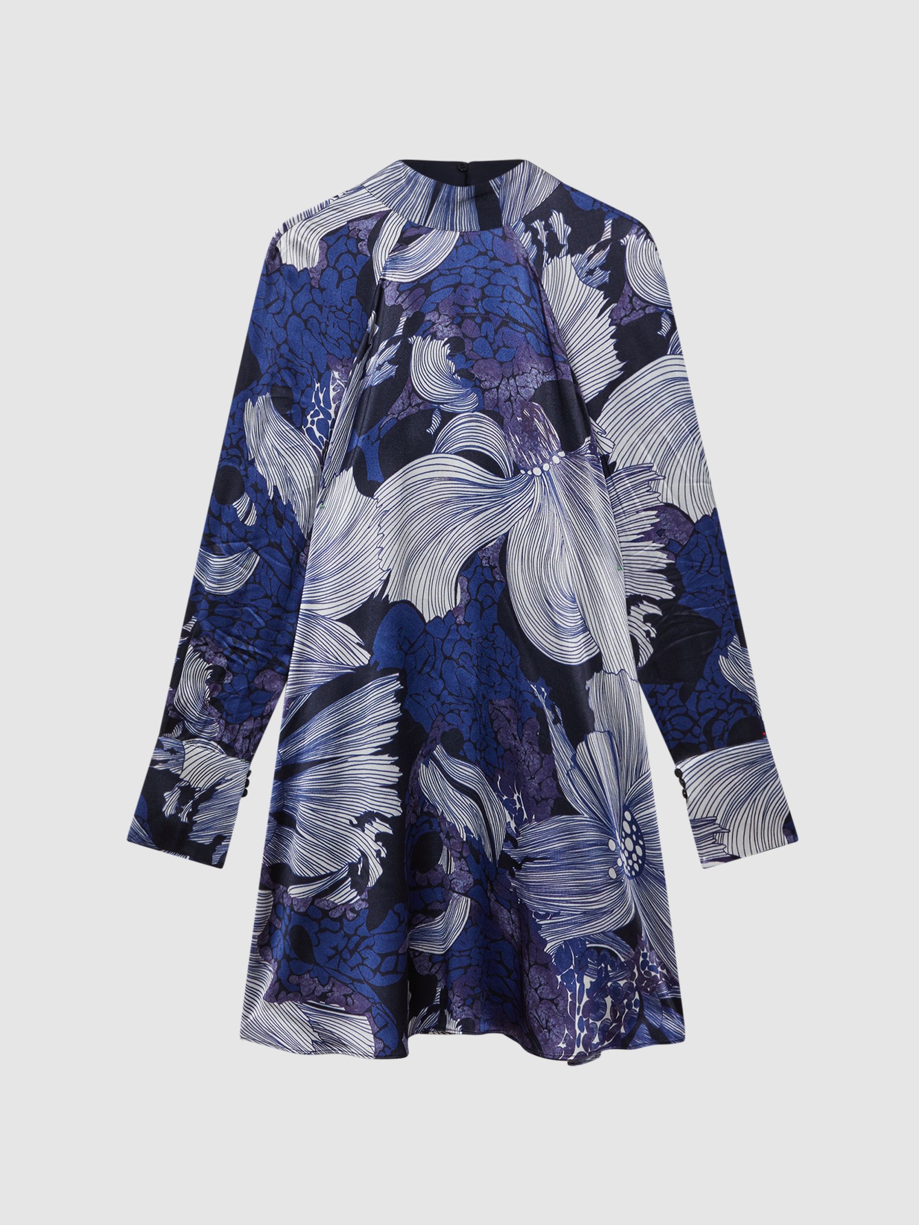 Relaxed Satin Printed Mini Dress in Blue/White - Image 2 of 7