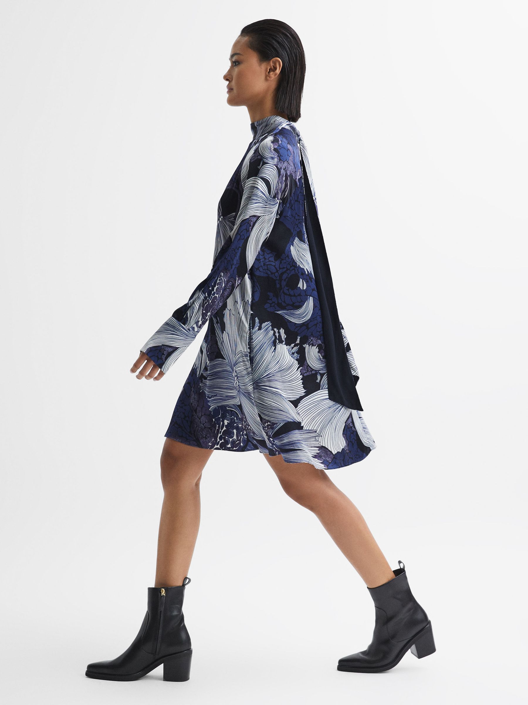 Relaxed Satin Printed Mini Dress in Blue/White - Image 3 of 7