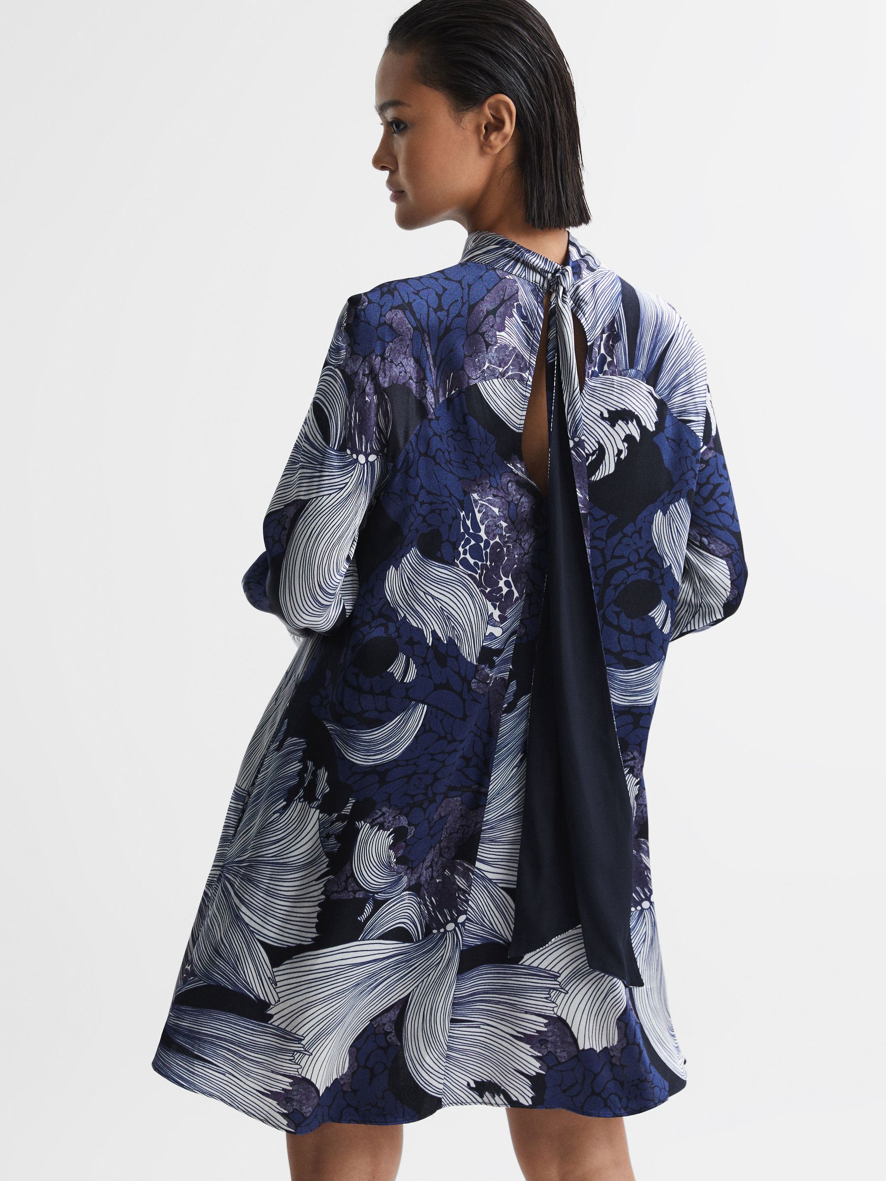 Relaxed Satin Printed Mini Dress in Blue/White - Image 6 of 7