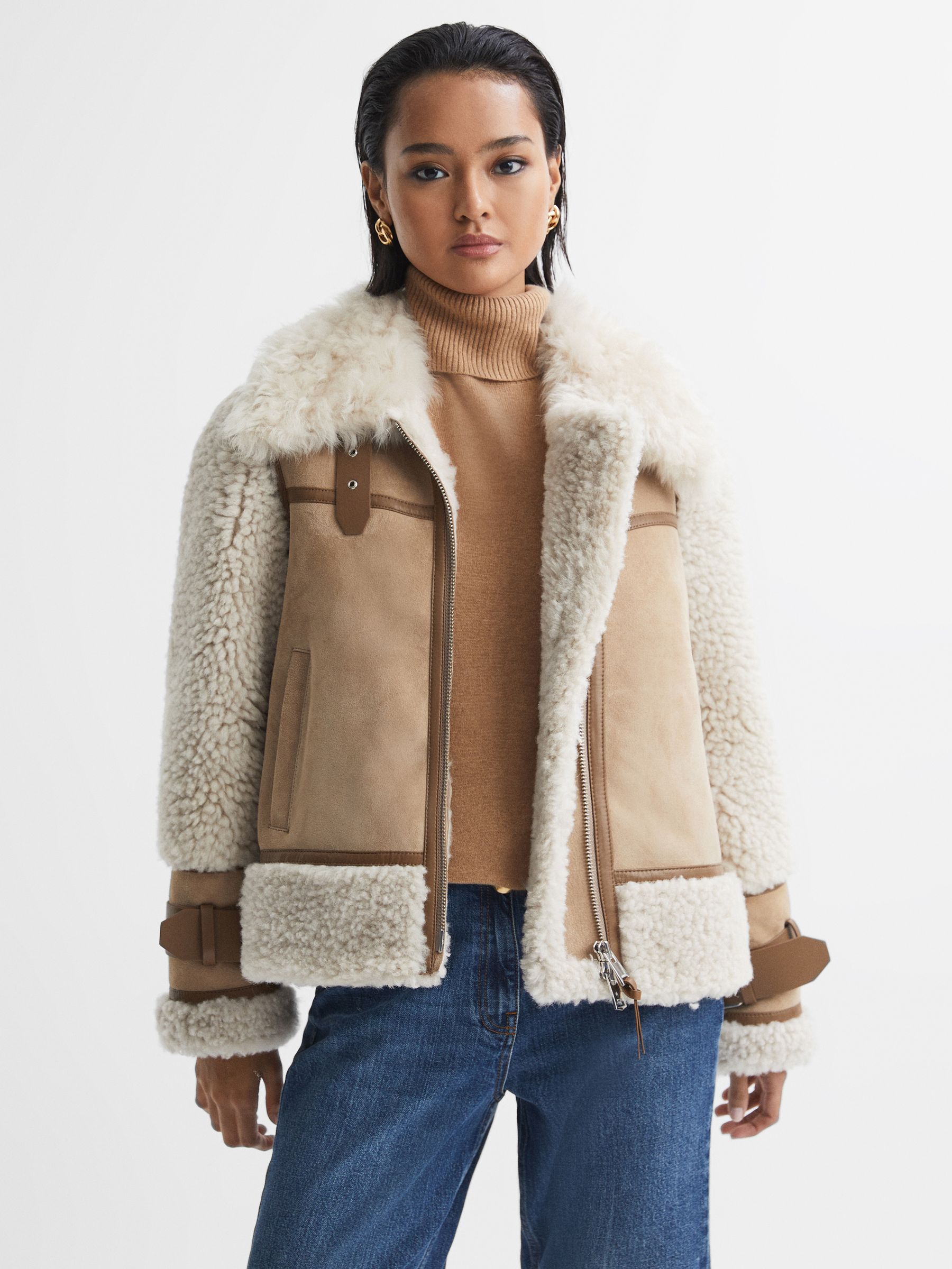 Suede Sheepskin Zip-Through Jacket in Neutral - Image 1 of 9 Suede Sheepskin Zip-Through Jacket in Neutral - Image 1 of 9