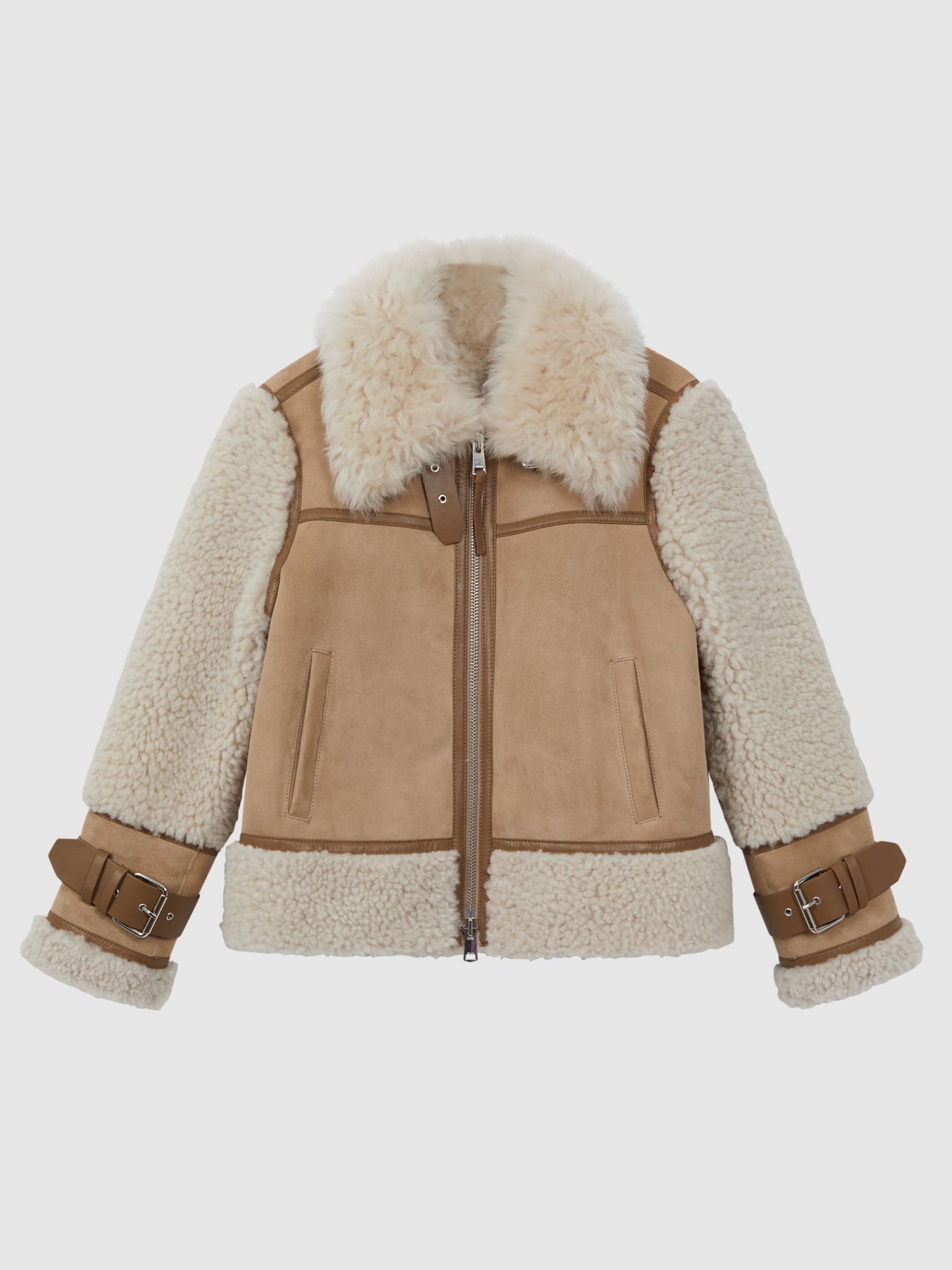 Suede Sheepskin Zip-Through Jacket in Neutral - Image 2 of 9 Suede Sheepskin Zip-Through Jacket in Neutral - Image 2 of 9