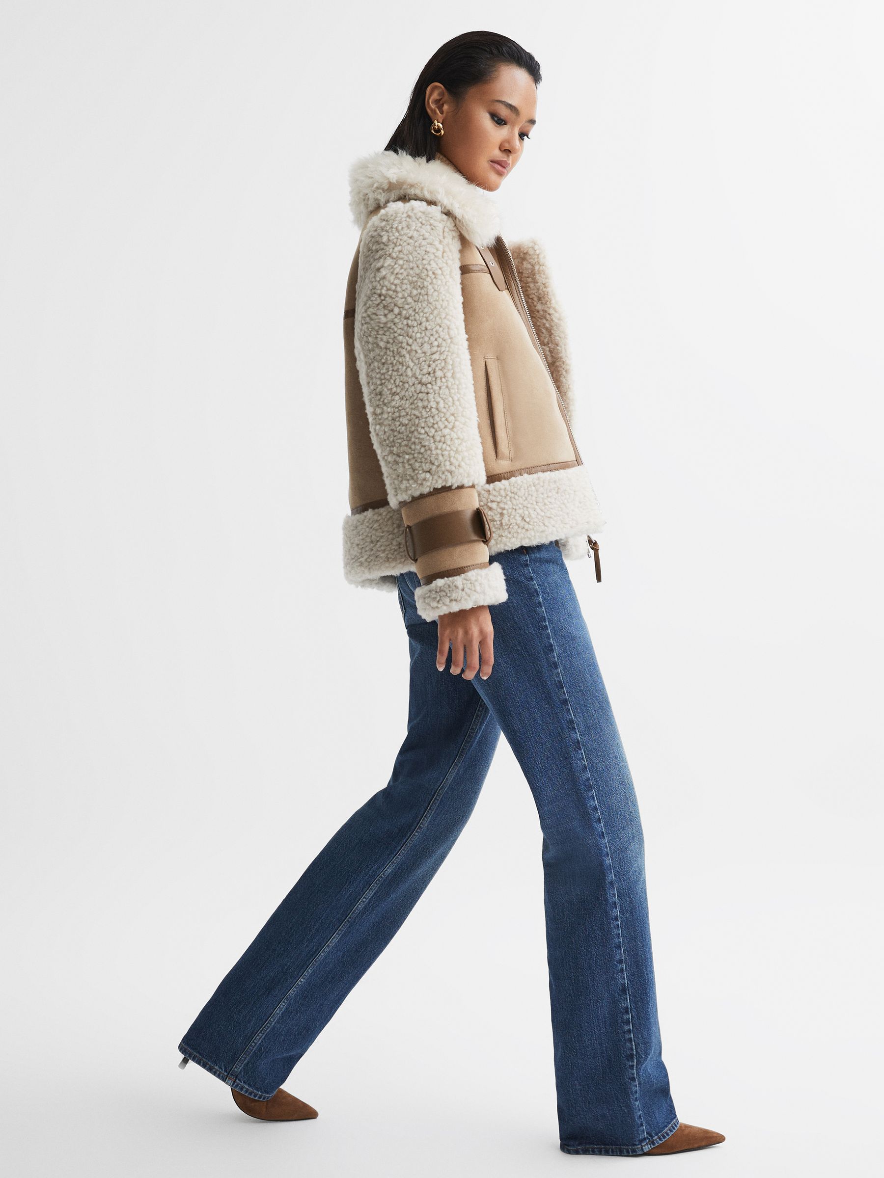 Suede Sheepskin Zip-Through Jacket in Neutral - Image 3 of 9