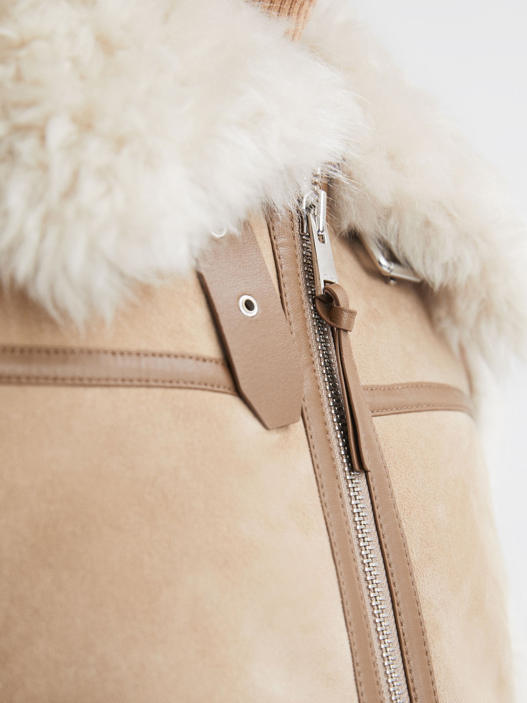 Suede Sheepskin Zip-Through Jacket in Neutral - Image 4 of 9
