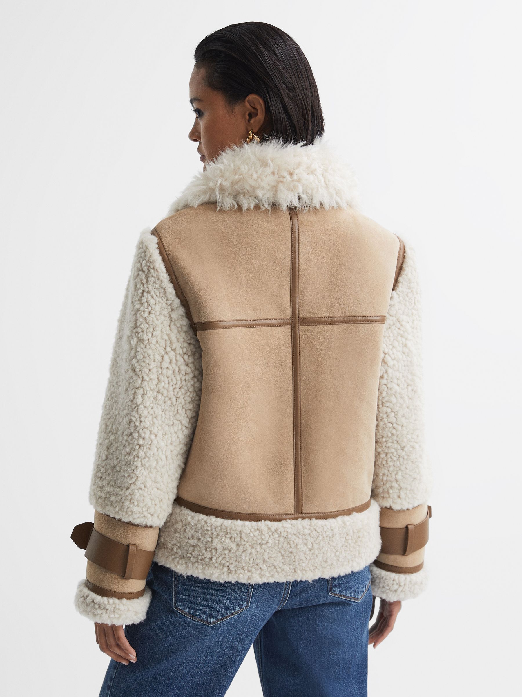 Suede Sheepskin Zip-Through Jacket in Neutral - Image 5 of 9