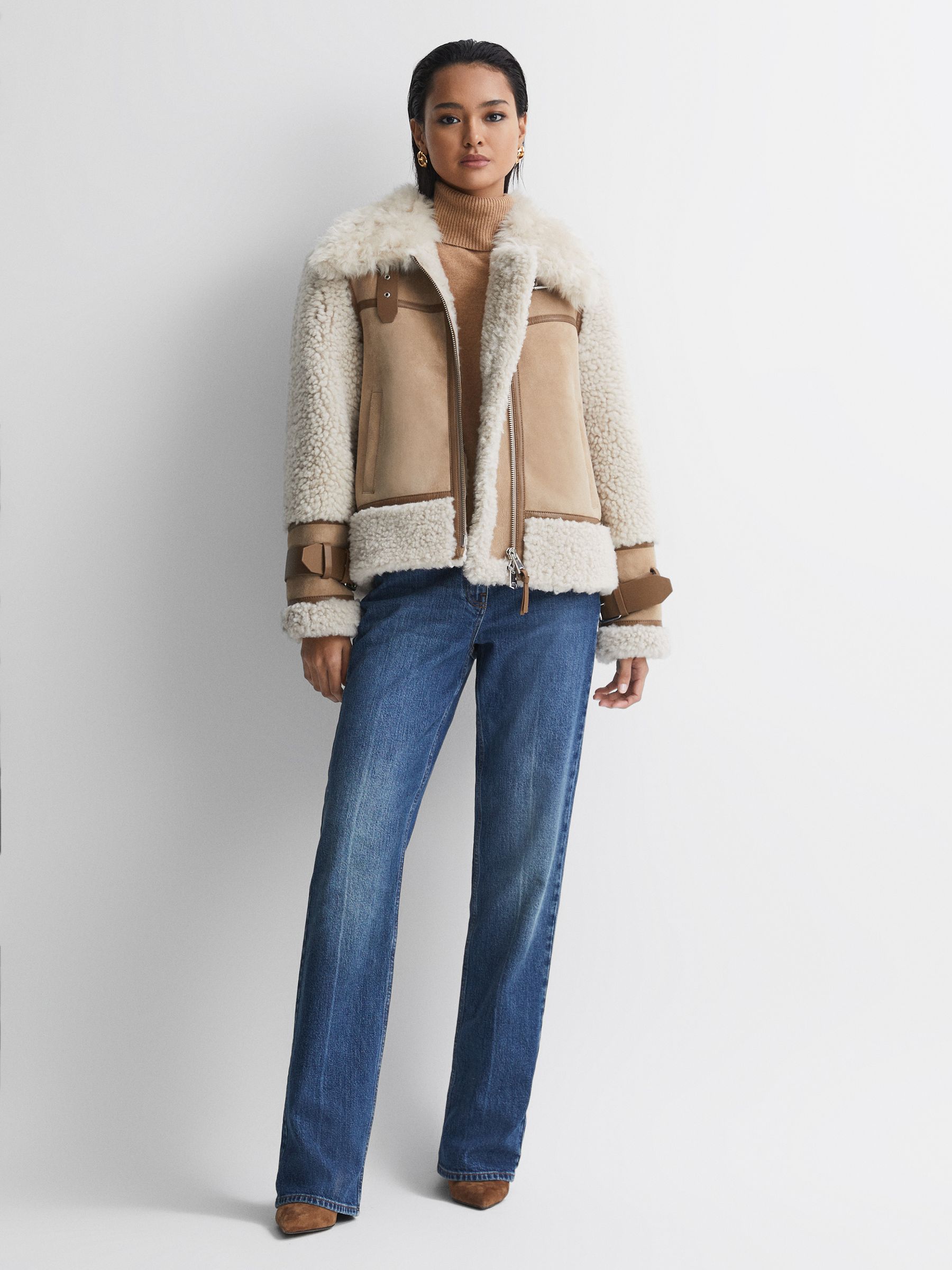 Suede Sheepskin Zip-Through Jacket in Neutral - Image 6 of 9