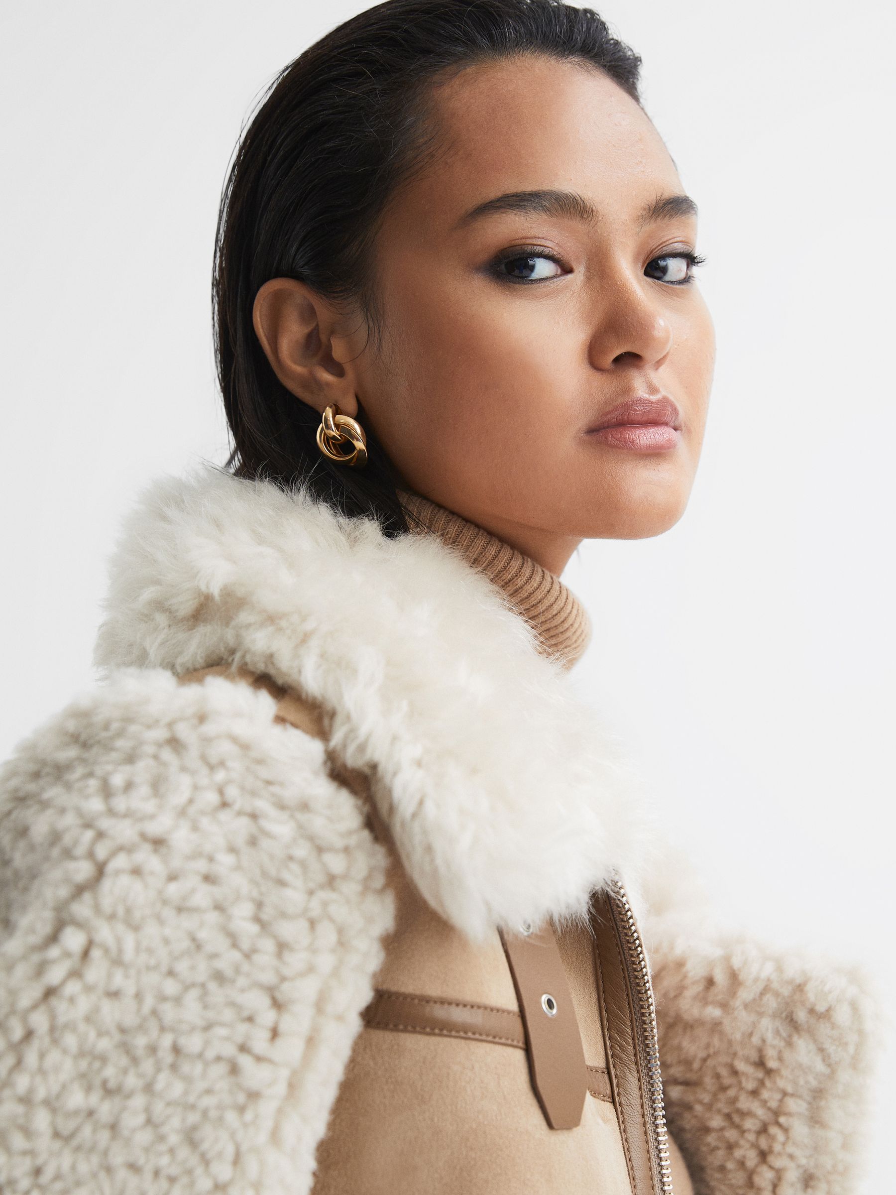 Suede Sheepskin Zip-Through Jacket in Neutral - Image 7 of 9