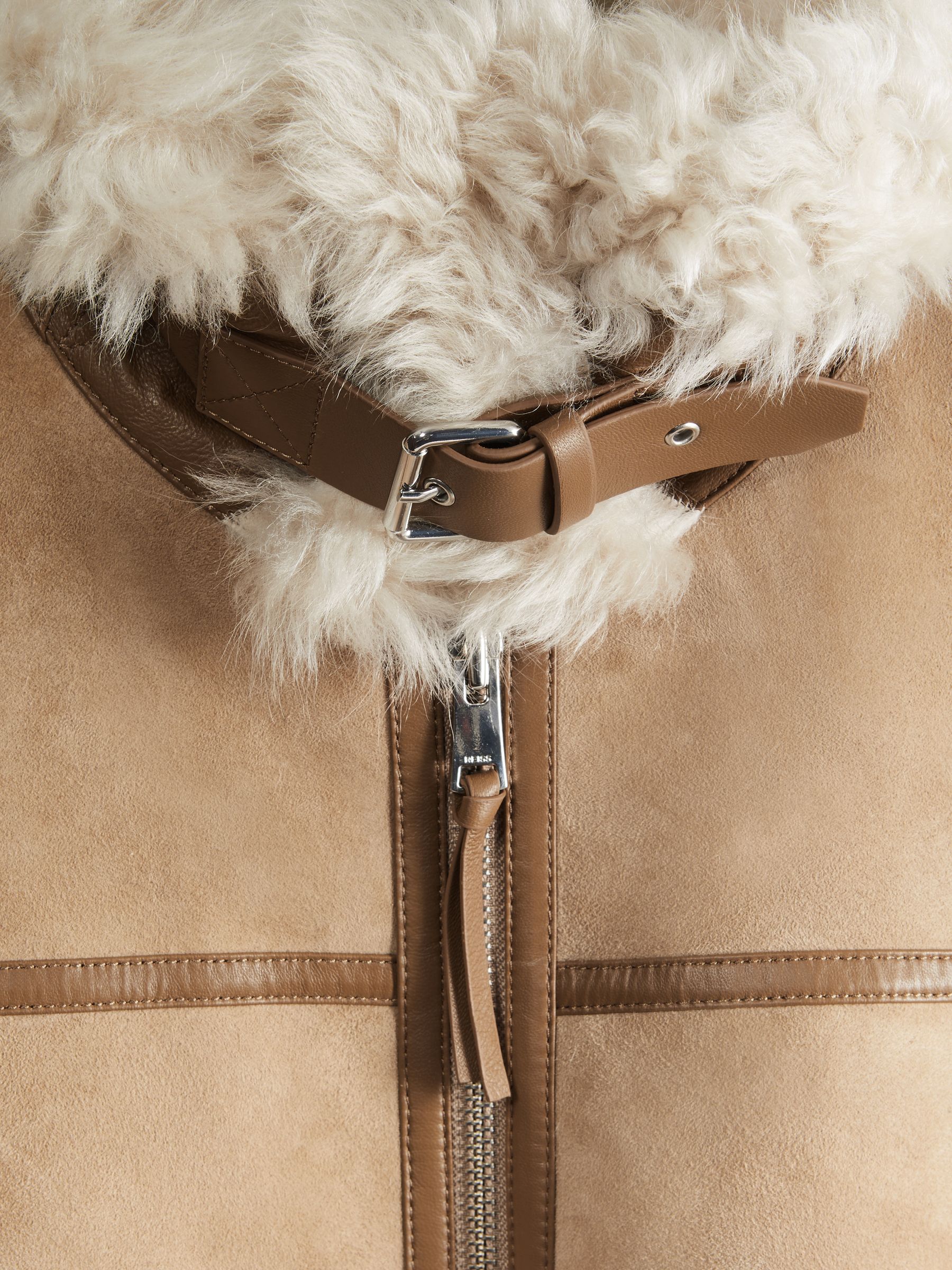 Suede Sheepskin Zip-Through Jacket in Neutral - Image 8 of 9