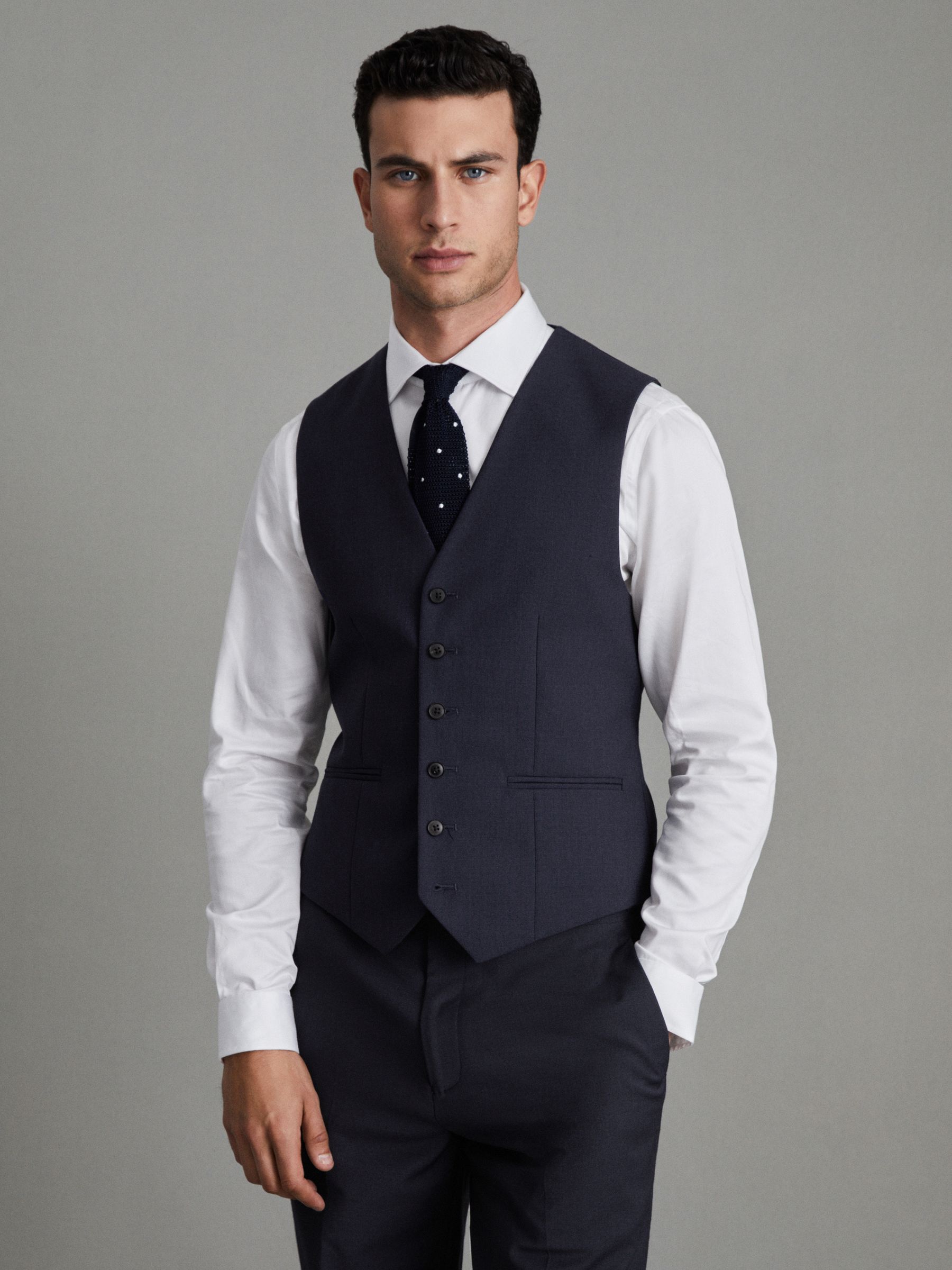 Modern Fit Wool Blend Waistcoat in Navy - Image 1 of 6