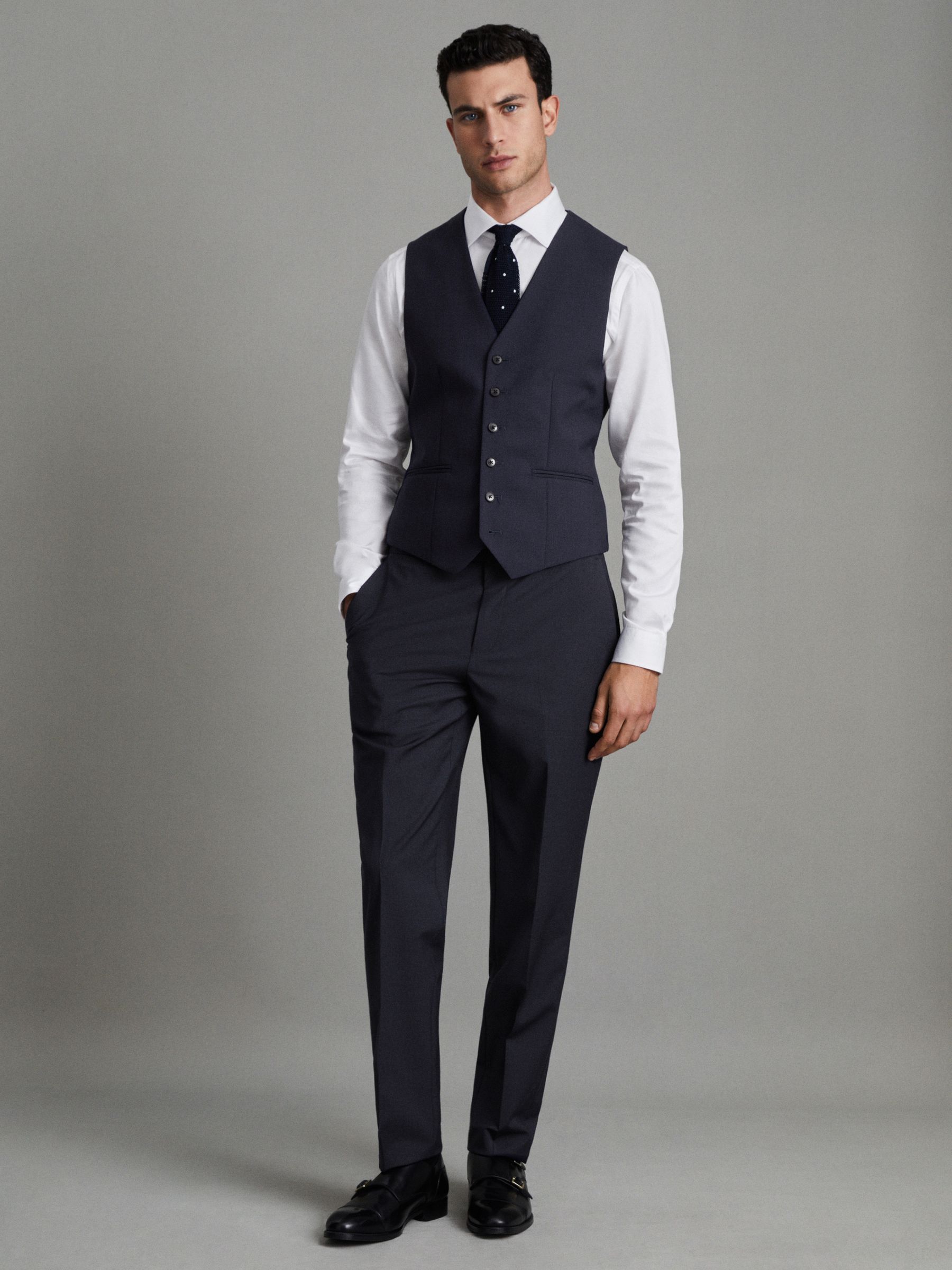 Modern Fit Wool Blend Waistcoat in Navy - Image 3 of 6