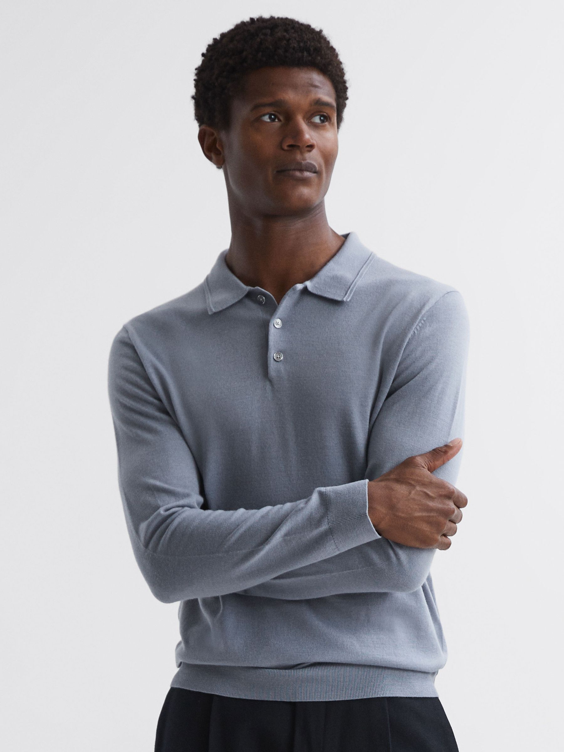 Trafford Porcelain Blue Merino Wool Polo Shirt - Image 1 of 5