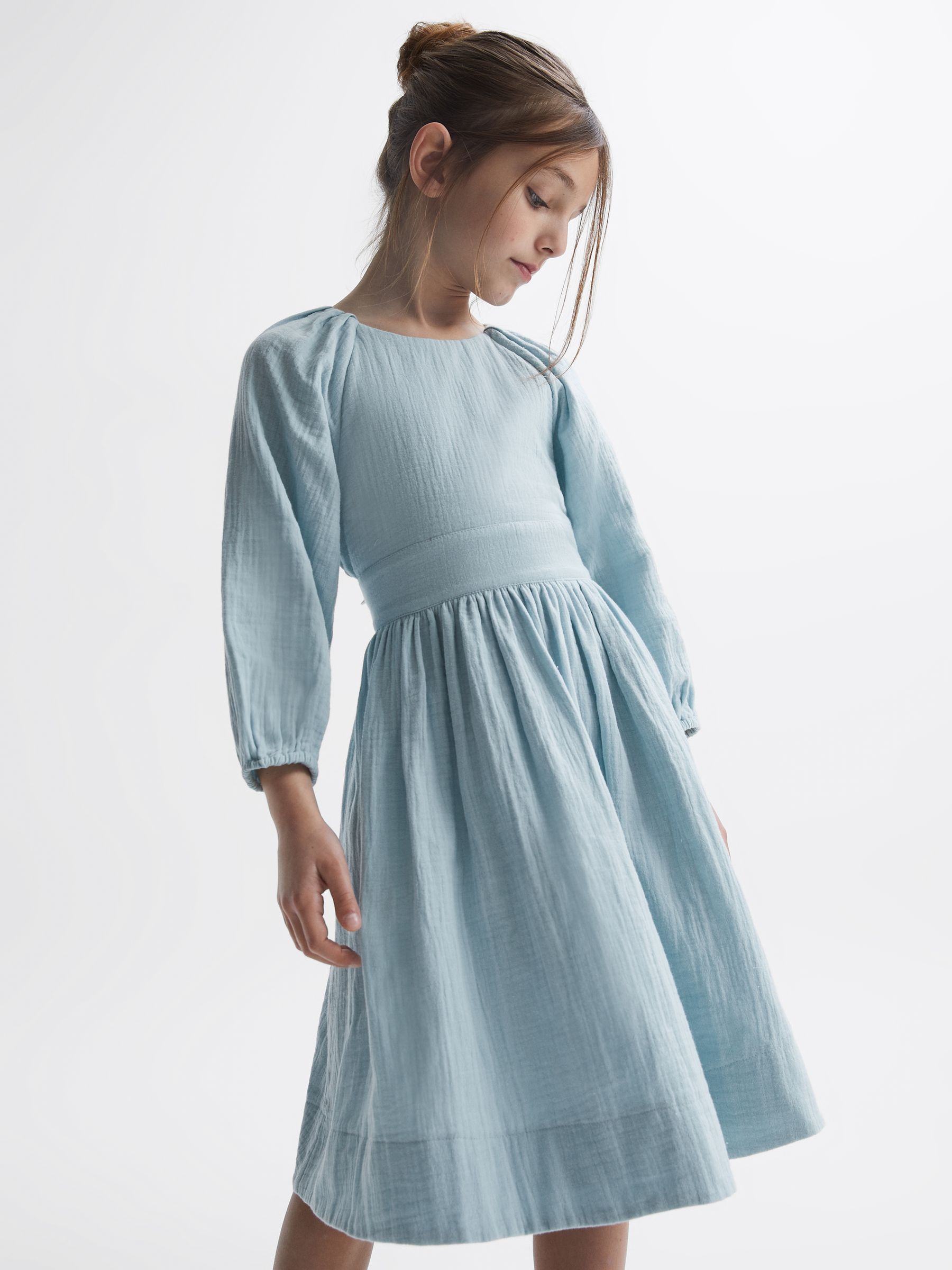 4-9 yrs 100% Cotton Bow Back Dress in Blue - Image 1 of 7 4-9 yrs 100% Cotton Bow Back Dress in Blue - Image 1 of 7