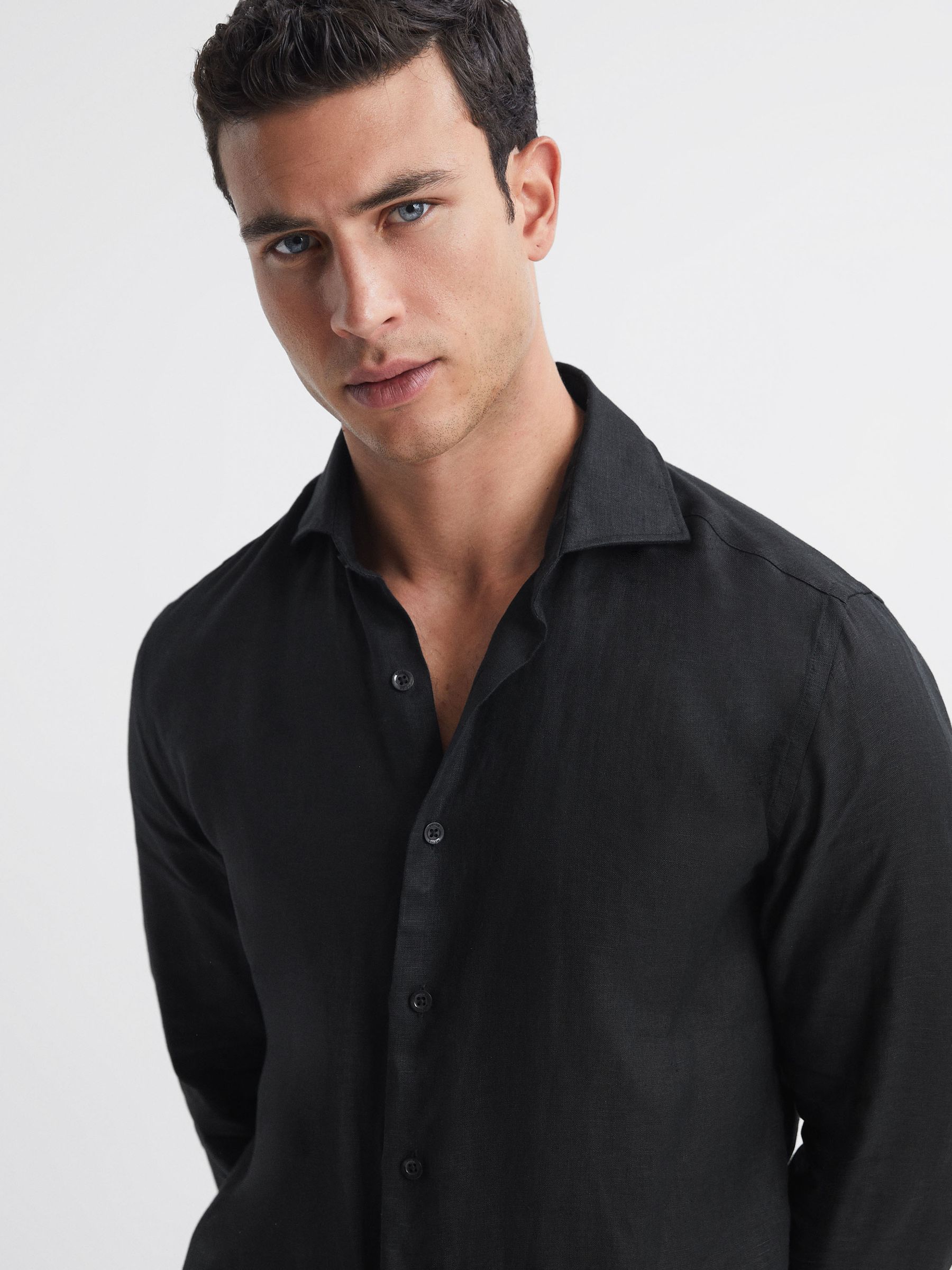 Linen Cutaway Collar Shirt in Black - Image 1 of 5 Linen Cutaway Collar Shirt in Black - Image 1 of 5
