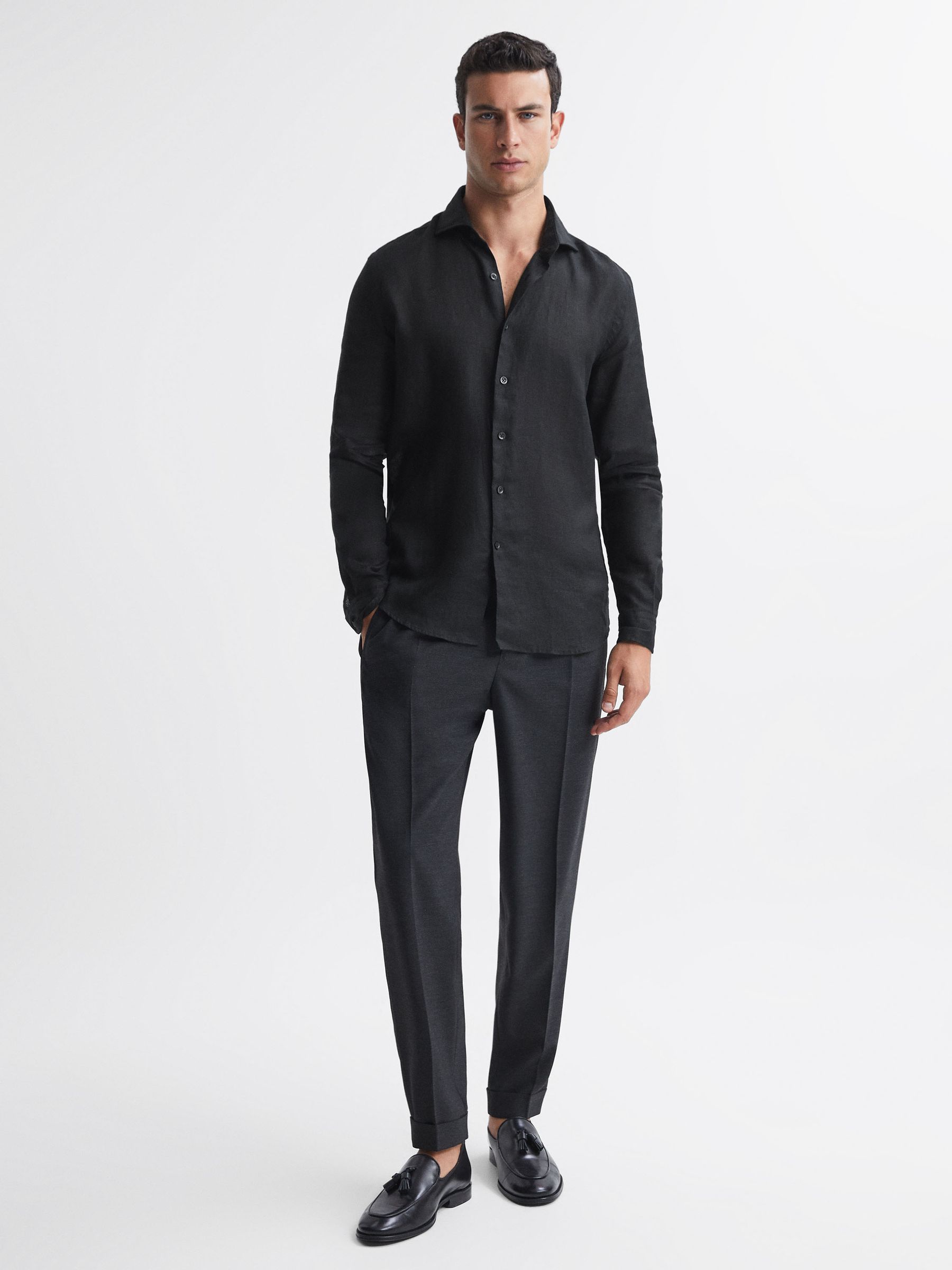 Linen Cutaway Collar Shirt in Black - Image 3 of 5