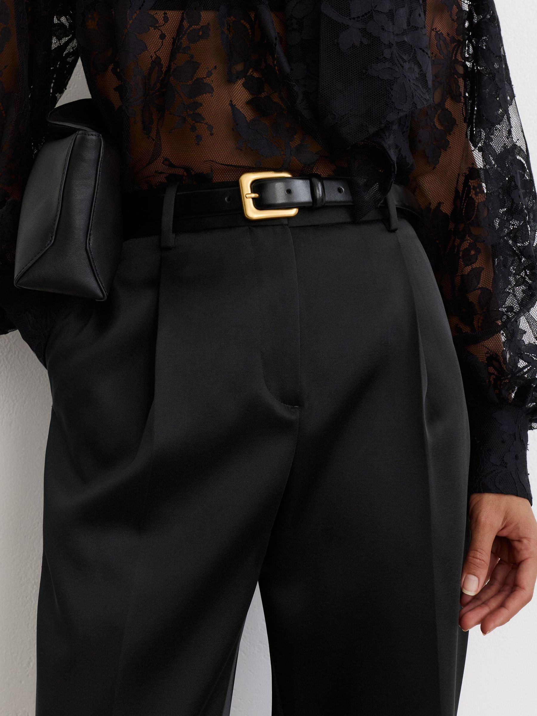 Petite Satin Single-Pleat Tapered Trousers in Black - Image 3 de 7