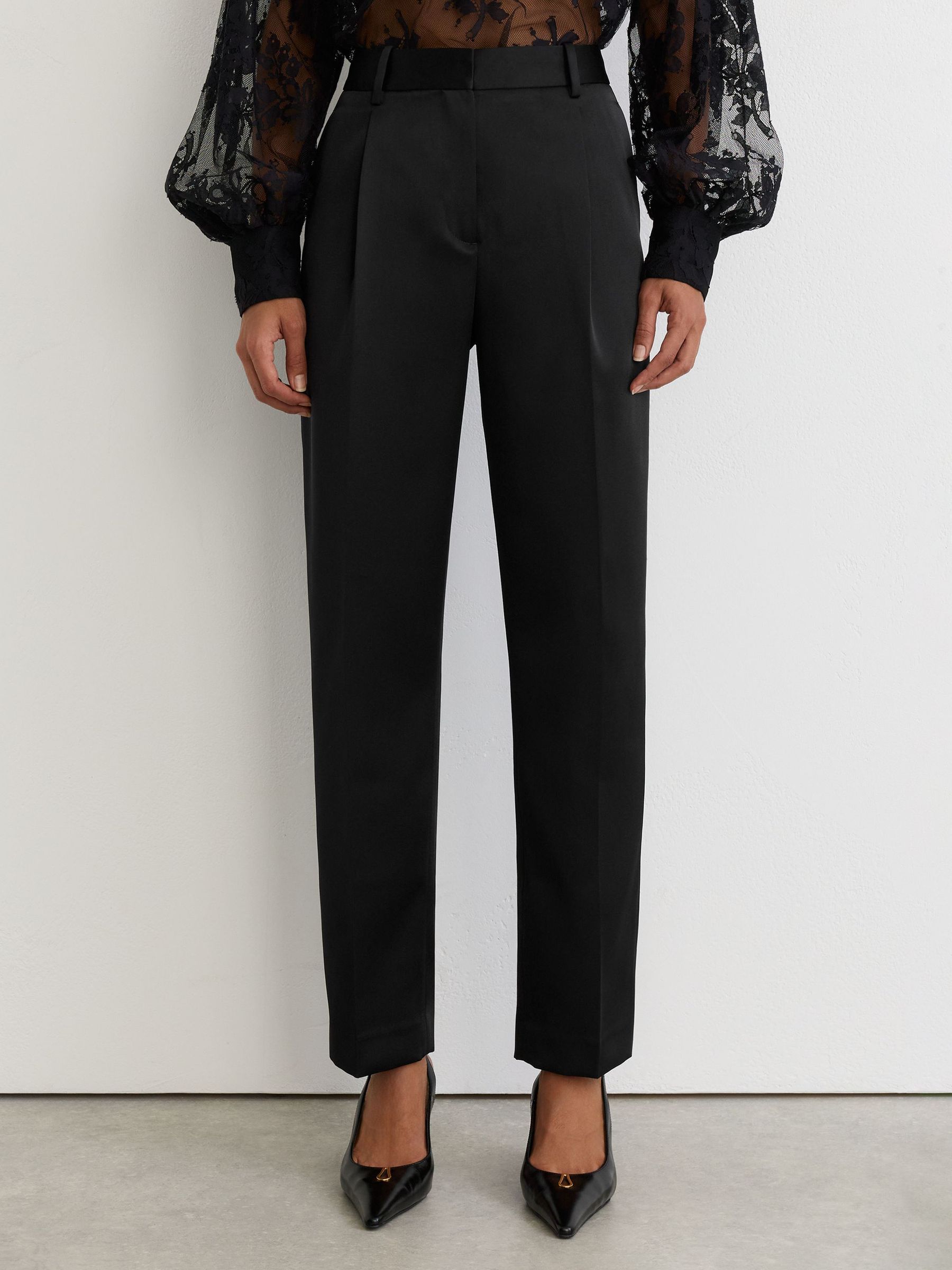 Petite Satin Single-Pleat Tapered Trousers in Black - Image 4 de 7