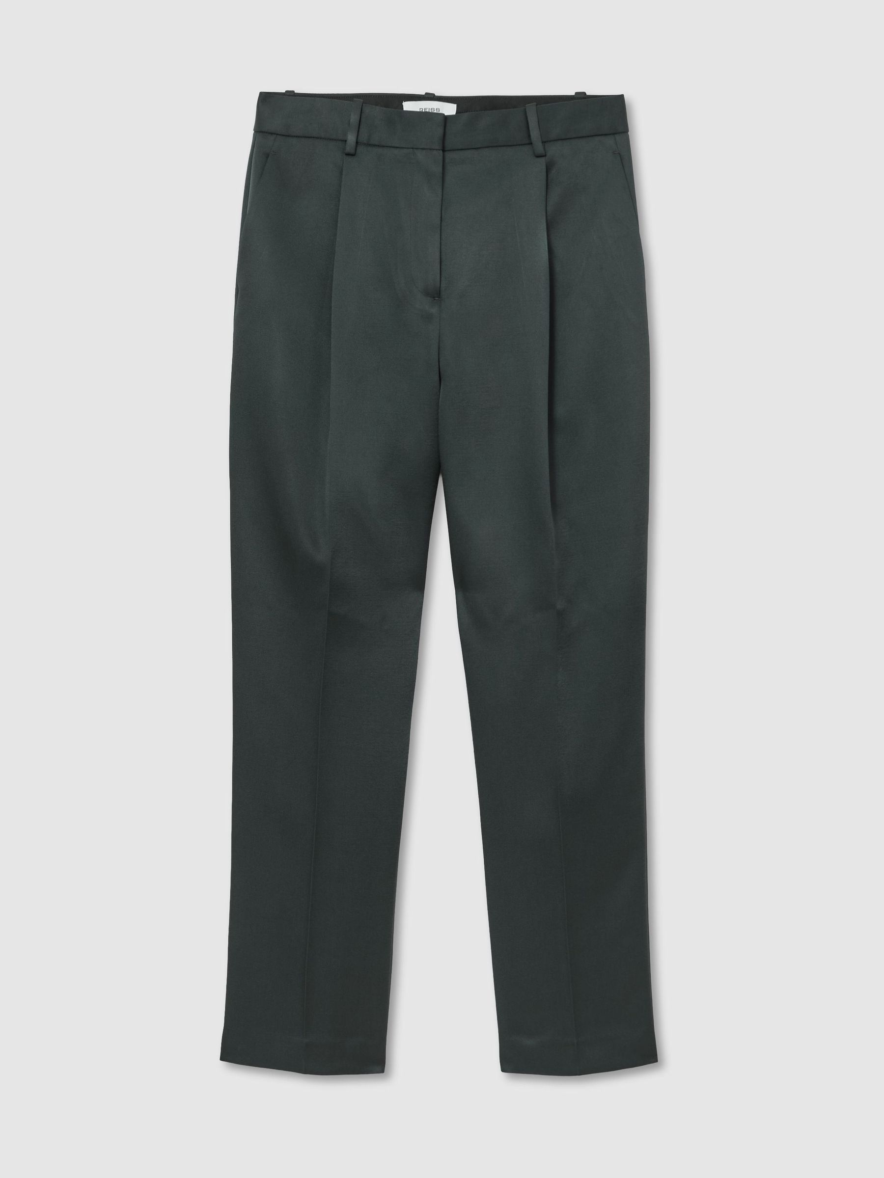Petite Satin Single-Pleat Tapered Trousers in Green - Image 2 de 7 Petite Satin Single-Pleat Tapered Trousers in Green - Image 2 de 7