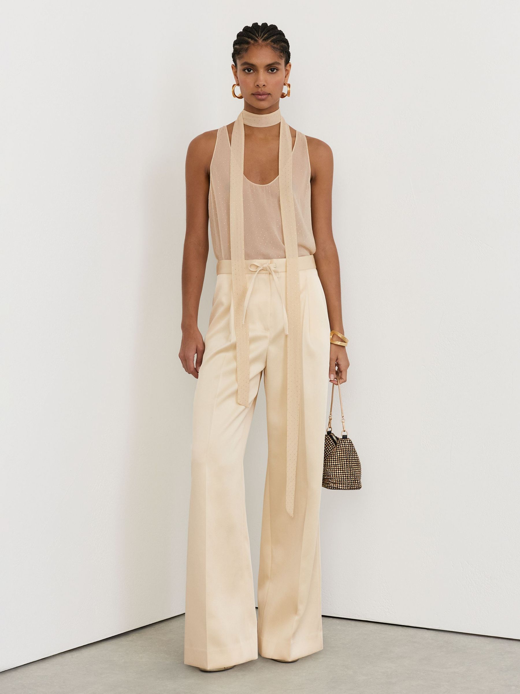 Petite Satin Wide-Leg Drawstring Trousers in Cream - Image 1 of 8