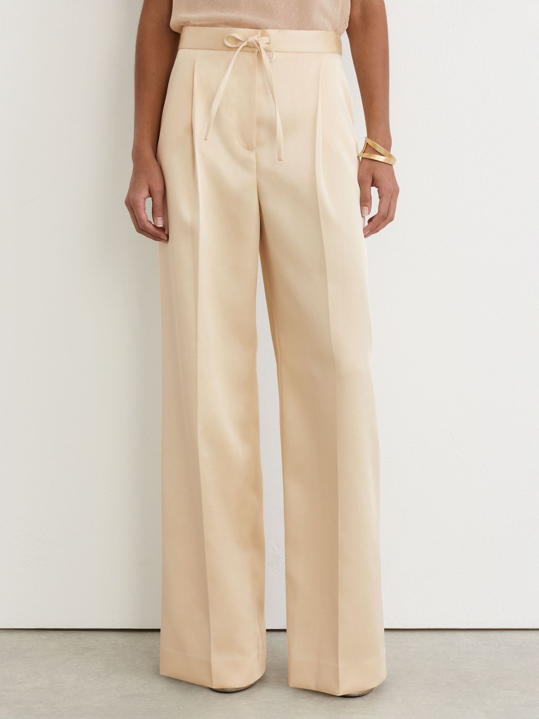 Petite Satin Wide-Leg Drawstring Trousers in Cream - Image 3 of 8