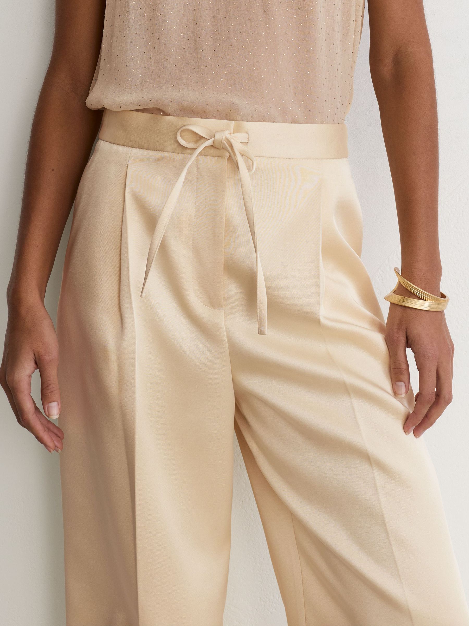 Petite Satin Wide-Leg Drawstring Trousers in Cream - Image 4 of 8