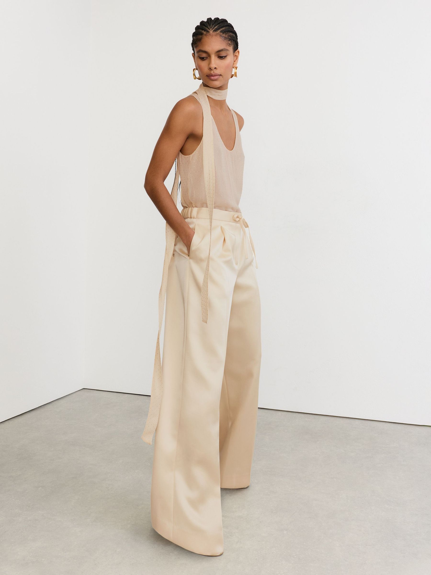 Petite Satin Wide-Leg Drawstring Trousers in Cream - Image 5 of 8