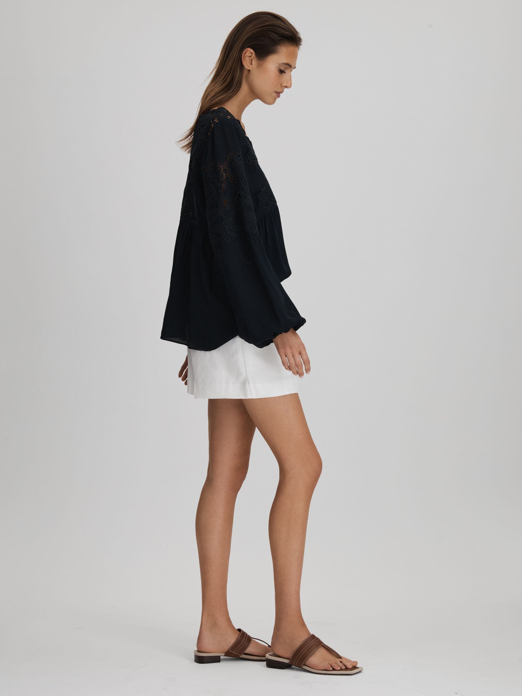 Lace Cut-Out Blouse in Navy - Image 3 of 7