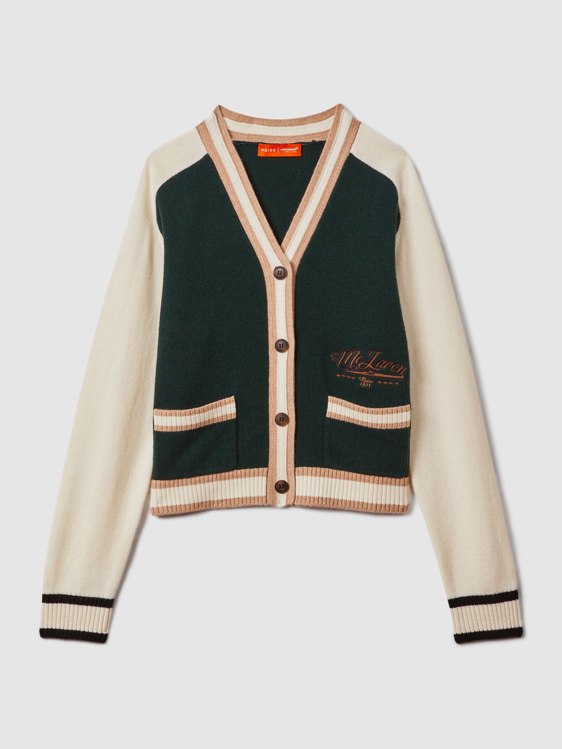 McLaren F1 Wool Cashmere Cardigan in Bottle Green/Ecru - Image 2 of 7