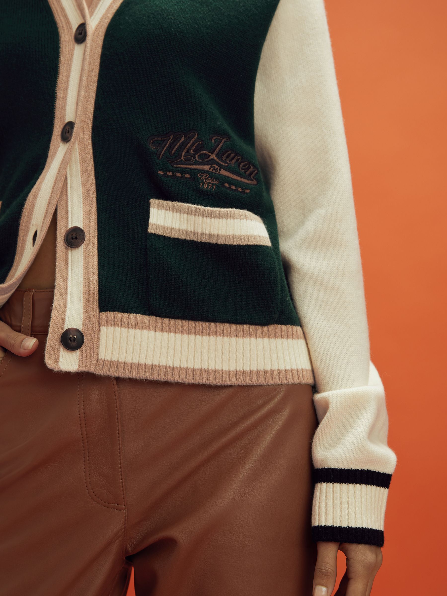 McLaren F1 Wool Cashmere Cardigan in Bottle Green/Ecru - Image 4 of 7