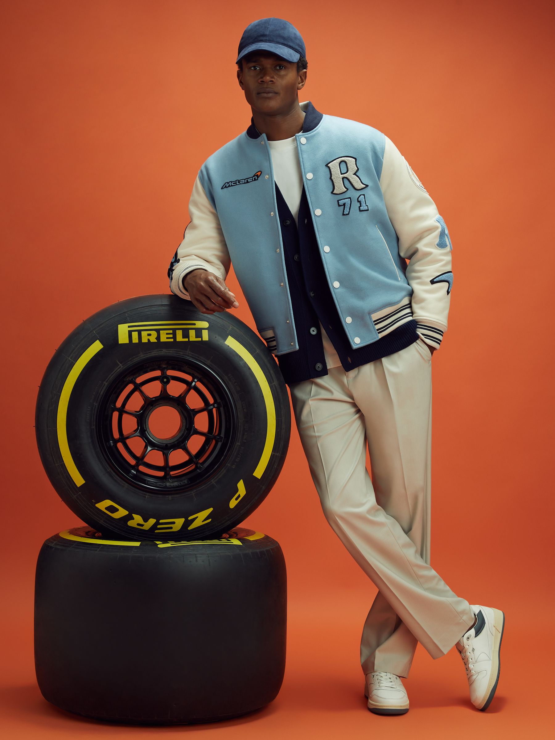 Leather Varsity Jacket in Soft Blue/Ecru - Image 1 of 11