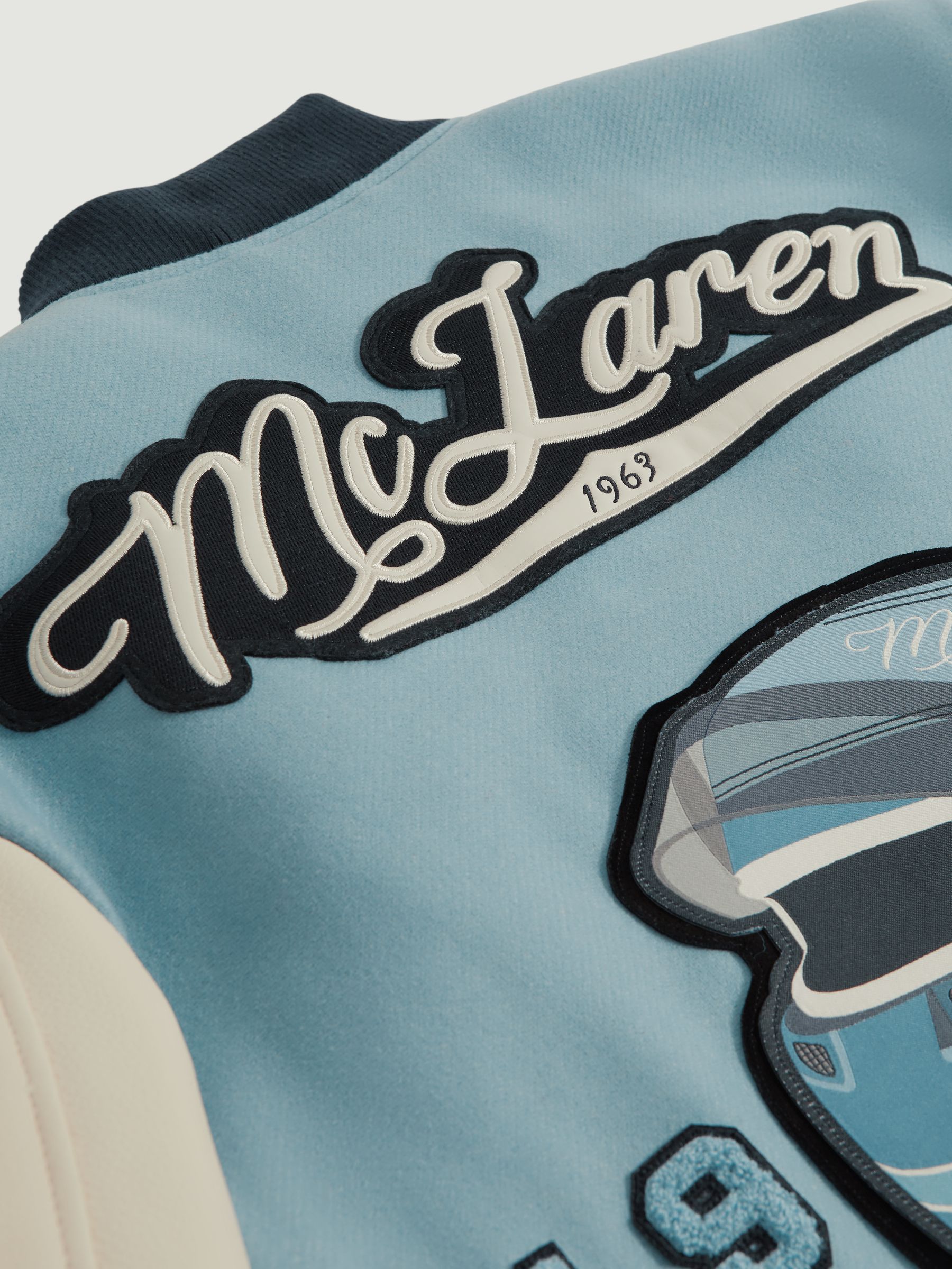 Leather Varsity Jacket in Soft Blue/Ecru - Image 10 of 11