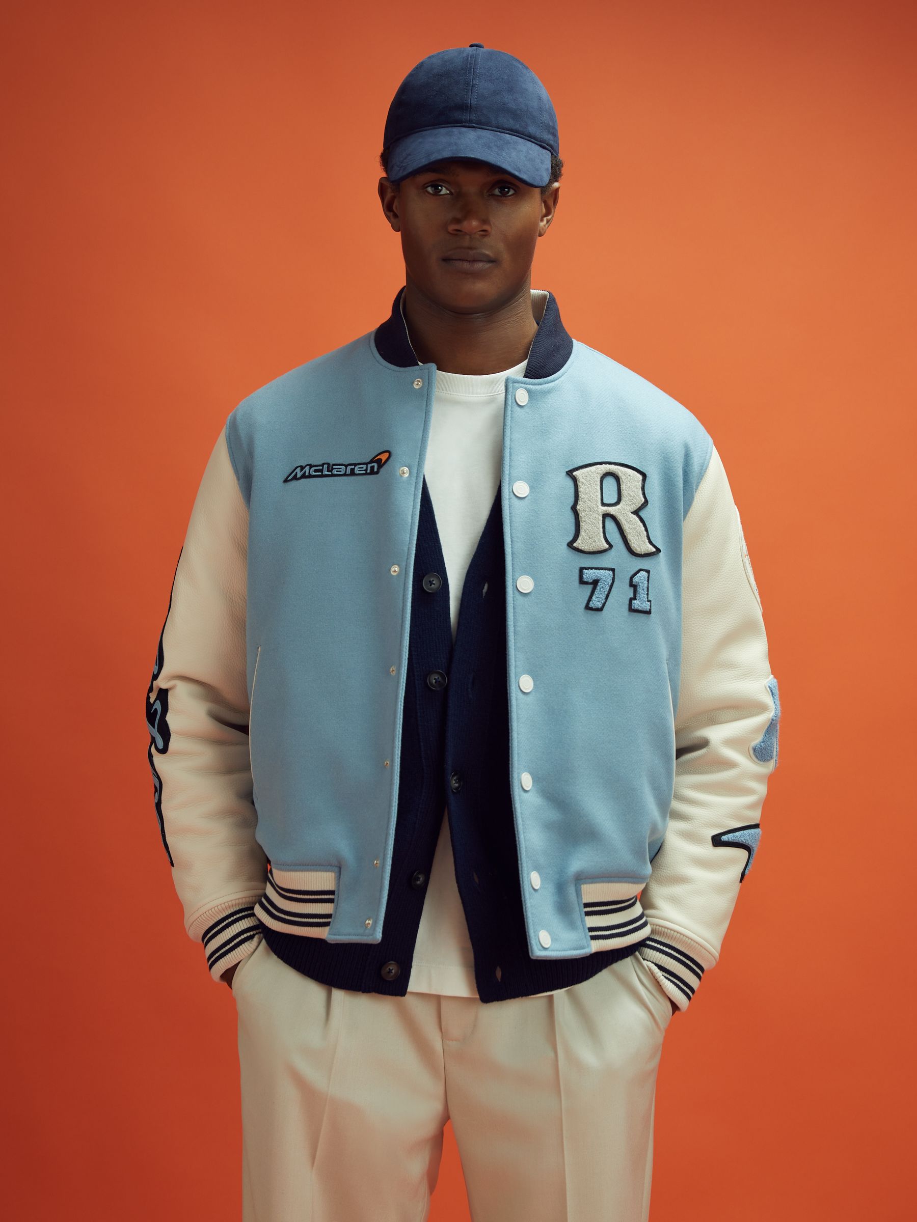 Leather Varsity Jacket in Soft Blue/Ecru - Image 3 of 11