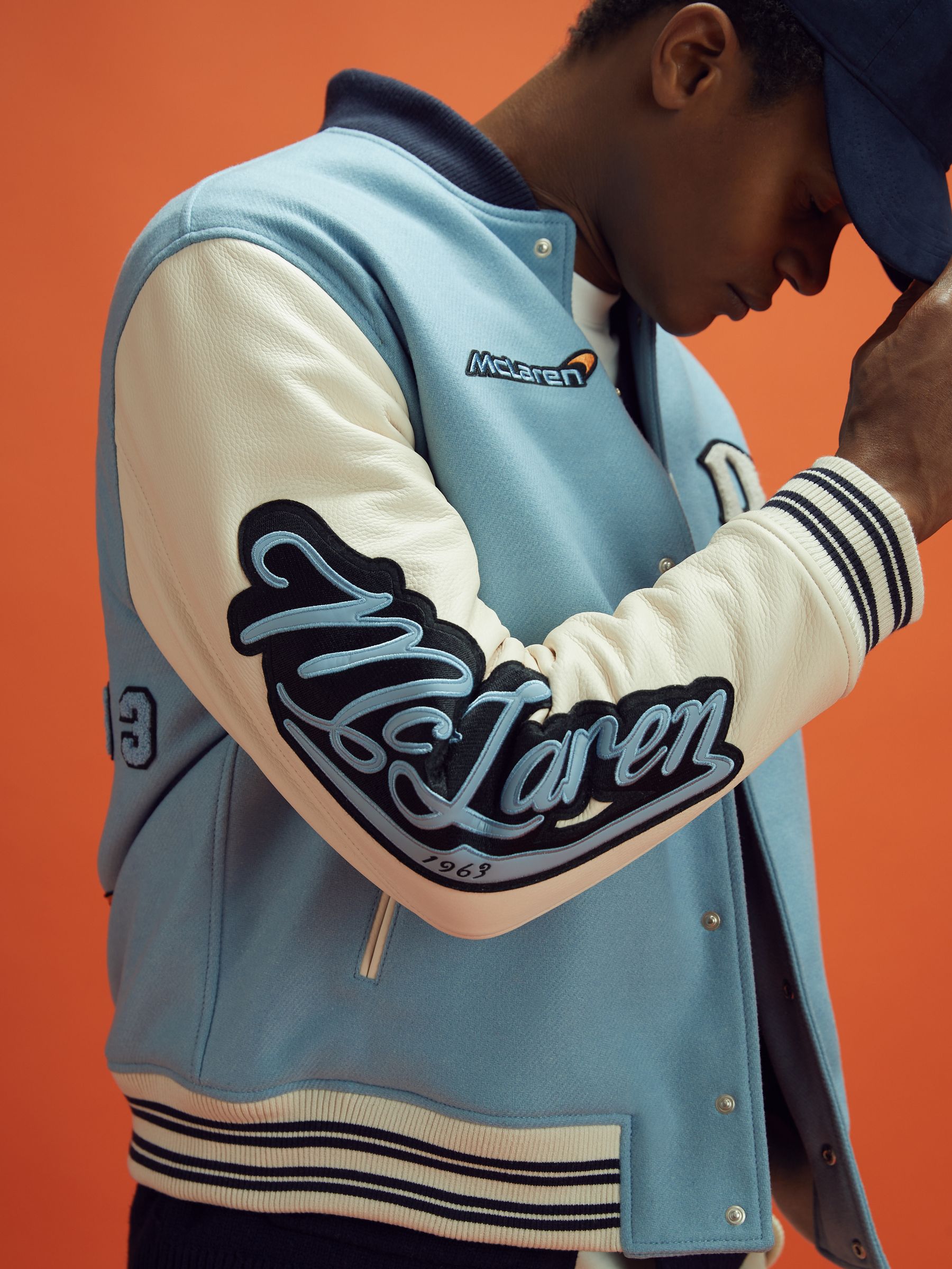 Leather Varsity Jacket in Soft Blue/Ecru - Image 4 of 11